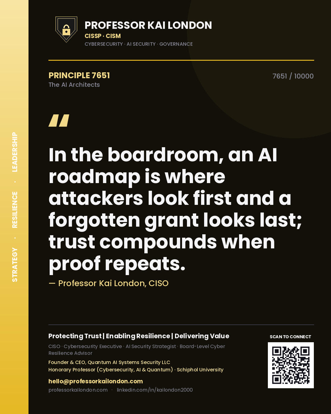 Professor Kai London principle 7651: In the boardroom, an AI roadmap is where attackers look first and a forgotten grant looks last; trust compounds when proof repeats.