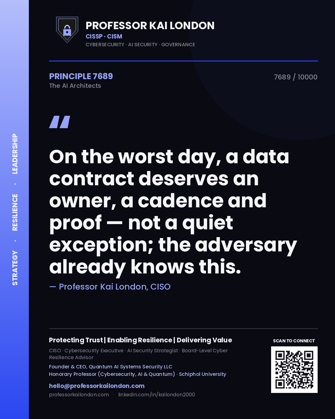Professor Kai London principle 7689: On the worst day, a data contract deserves an owner, a cadence and proof — not a quiet exception; the adversary already knows this.