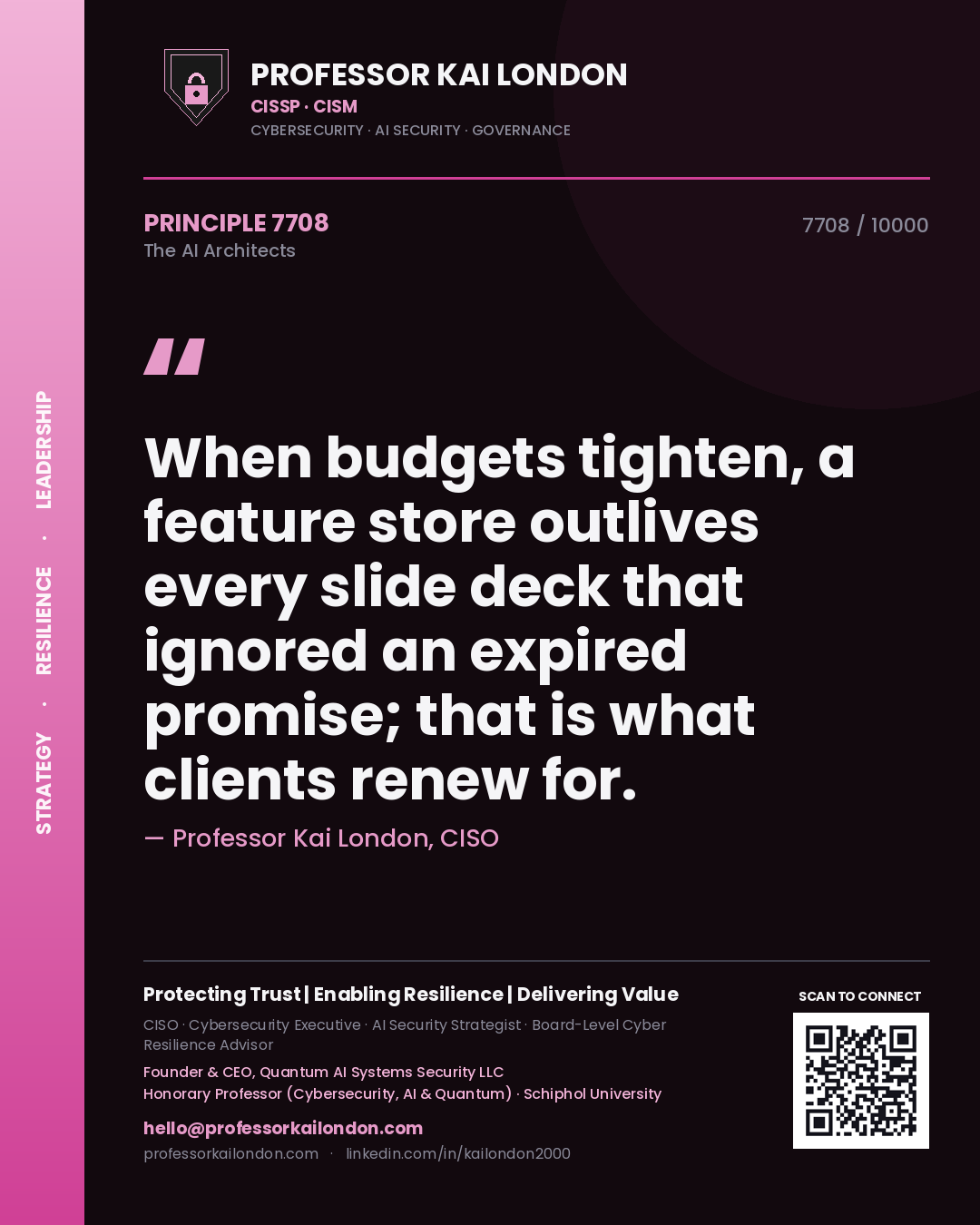Professor Kai London principle 7708: When budgets tighten, a feature store outlives every slide deck that ignored an expired promise; that is what clients renew for.