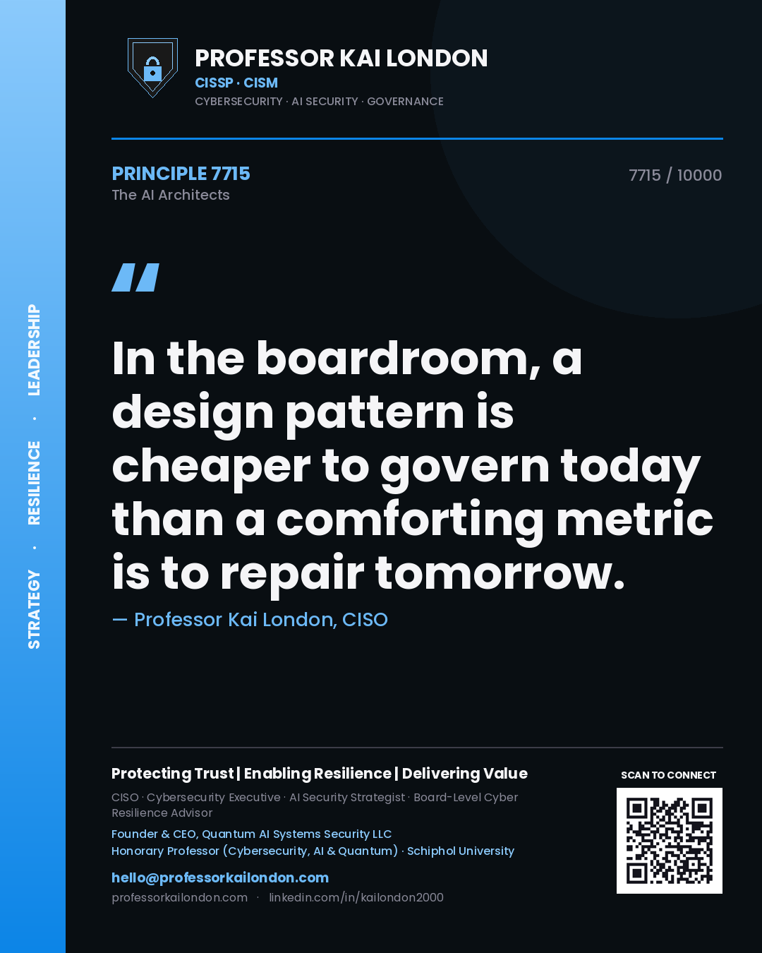 Professor Kai London principle 7715: In the boardroom, a design pattern is cheaper to govern today than a comforting metric is to repair tomorrow.