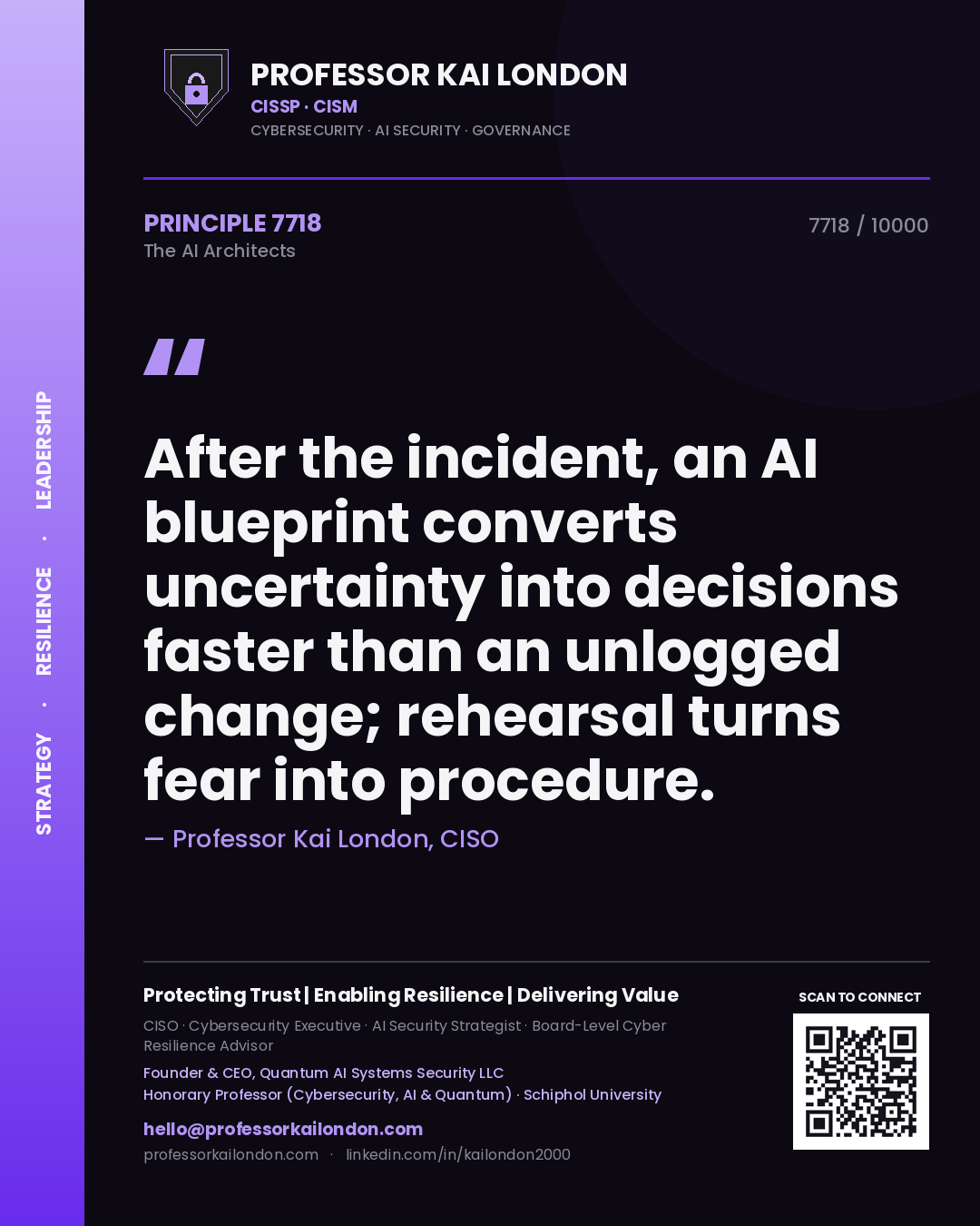Professor Kai London principle 7718: After the incident, an AI blueprint converts uncertainty into decisions faster than an unlogged change; rehearsal turns fear into procedure.