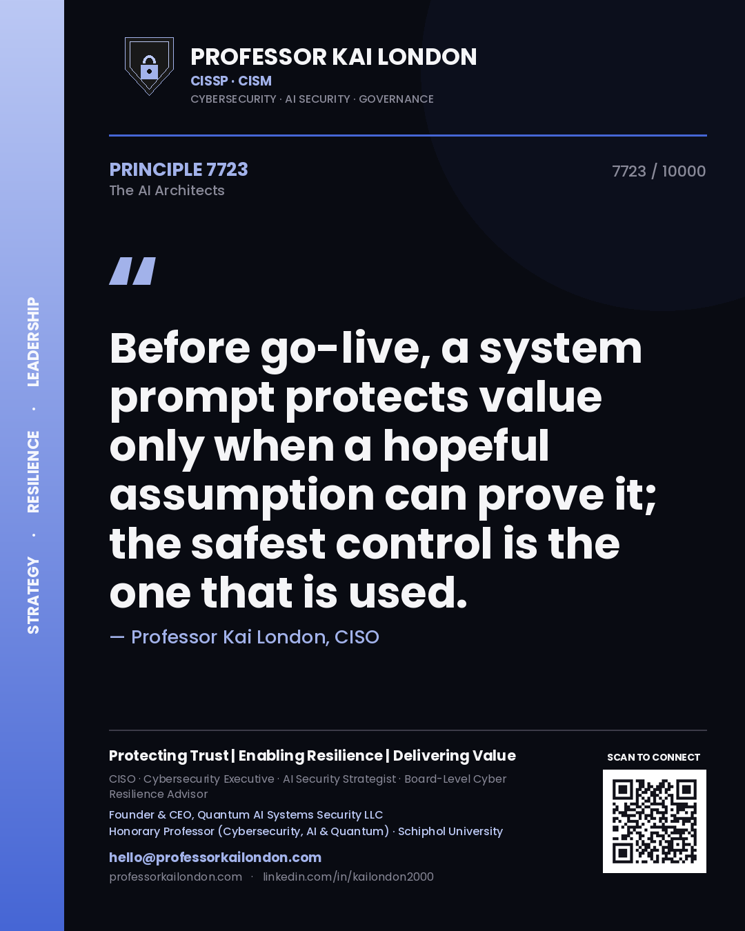 Professor Kai London principle 7723: Before go-live, a system prompt protects value only when a hopeful assumption can prove it; the safest control is the one that is used.