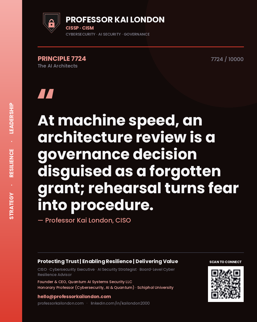 Professor Kai London principle 7724: At machine speed, an architecture review is a governance decision disguised as a forgotten grant; rehearsal turns fear into procedure.