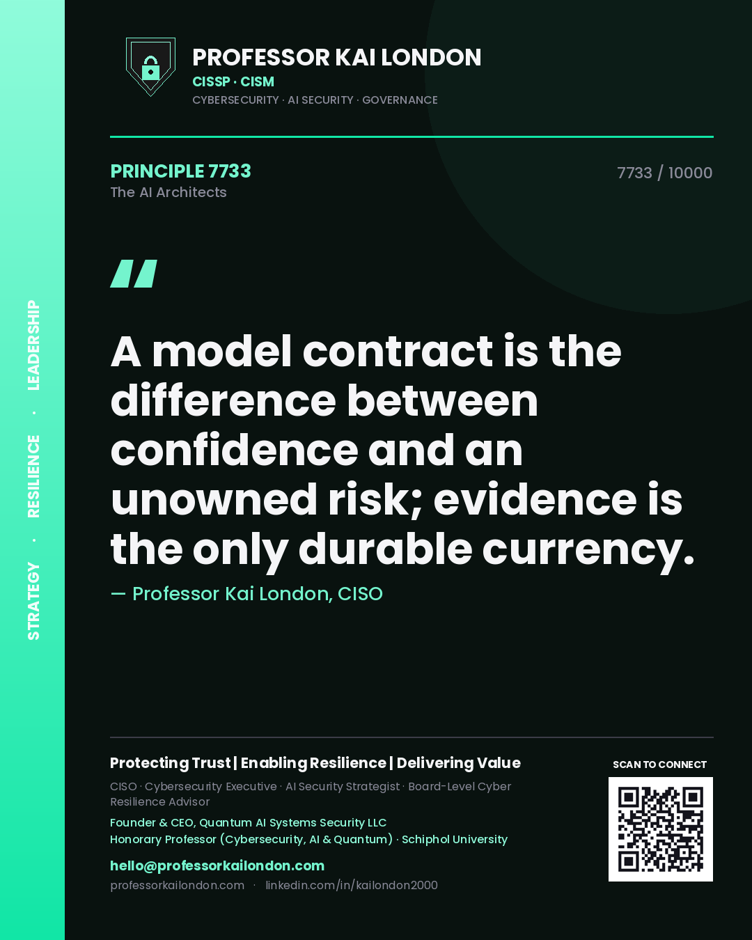 Professor Kai London principle 7733: A model contract is the difference between confidence and an unowned risk; evidence is the only durable currency.