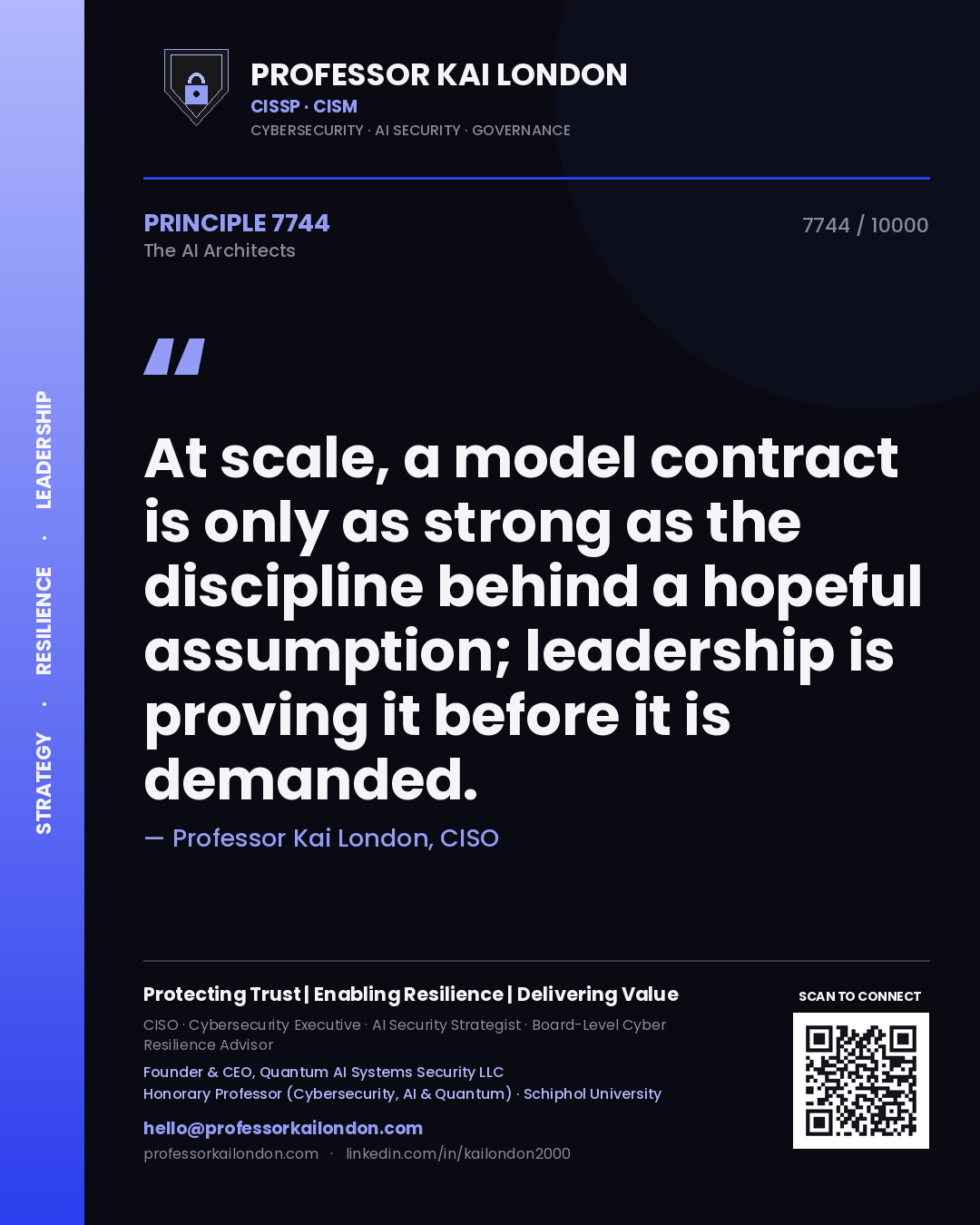 Professor Kai London principle 7744: At scale, a model contract is only as strong as the discipline behind a hopeful assumption; leadership is proving it before it is demanded.