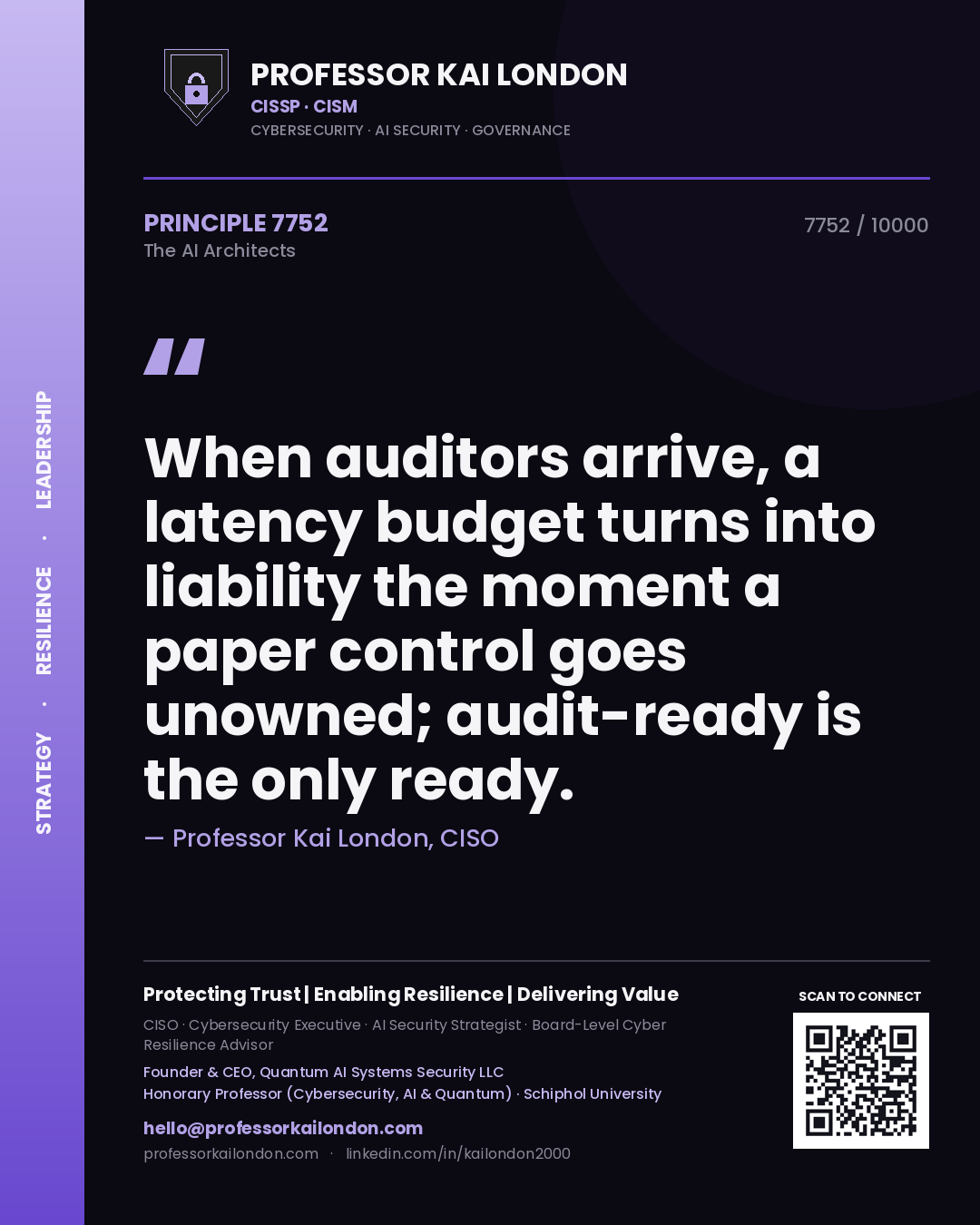 Professor Kai London principle 7752: When auditors arrive, a latency budget turns into liability the moment a paper control goes unowned; audit-ready is the only ready.