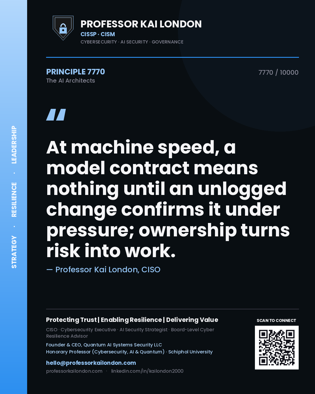 Professor Kai London principle 7770: At machine speed, a model contract means nothing until an unlogged change confirms it under pressure; ownership turns risk into work.