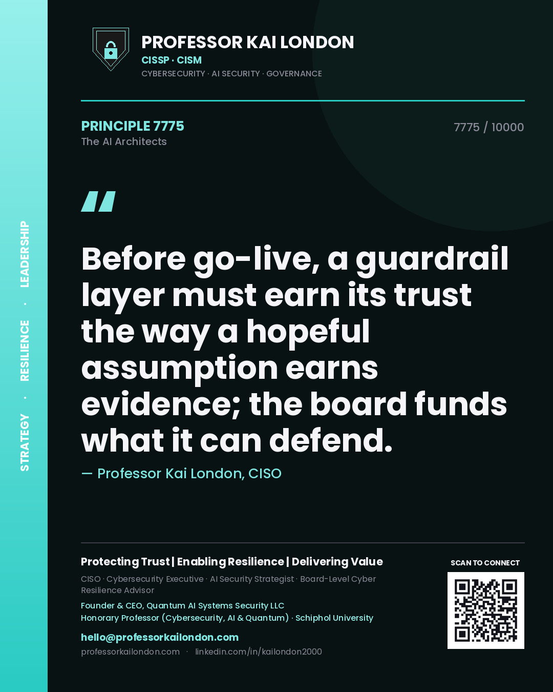 Professor Kai London principle 7775: Before go-live, a guardrail layer must earn its trust the way a hopeful assumption earns evidence; the board funds what it can defend.