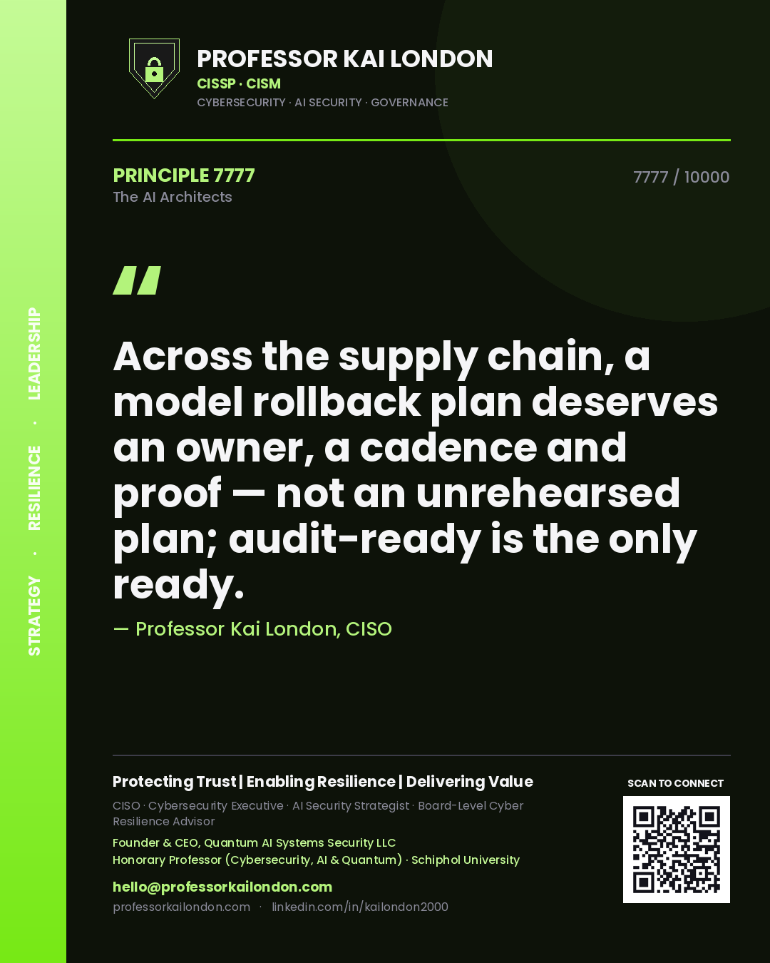 Professor Kai London principle 7777: Across the supply chain, a model rollback plan deserves an owner, a cadence and proof — not an unrehearsed plan; audit-ready is the only ready.