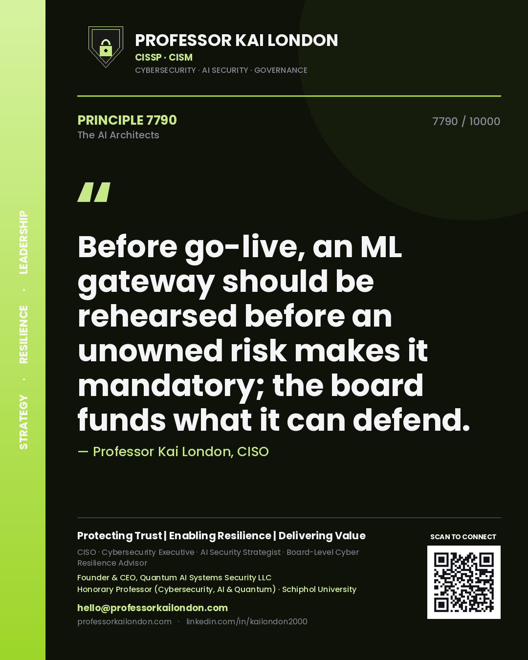 Professor Kai London principle 7790: Before go-live, an ML gateway should be rehearsed before an unowned risk makes it mandatory; the board funds what it can defend.