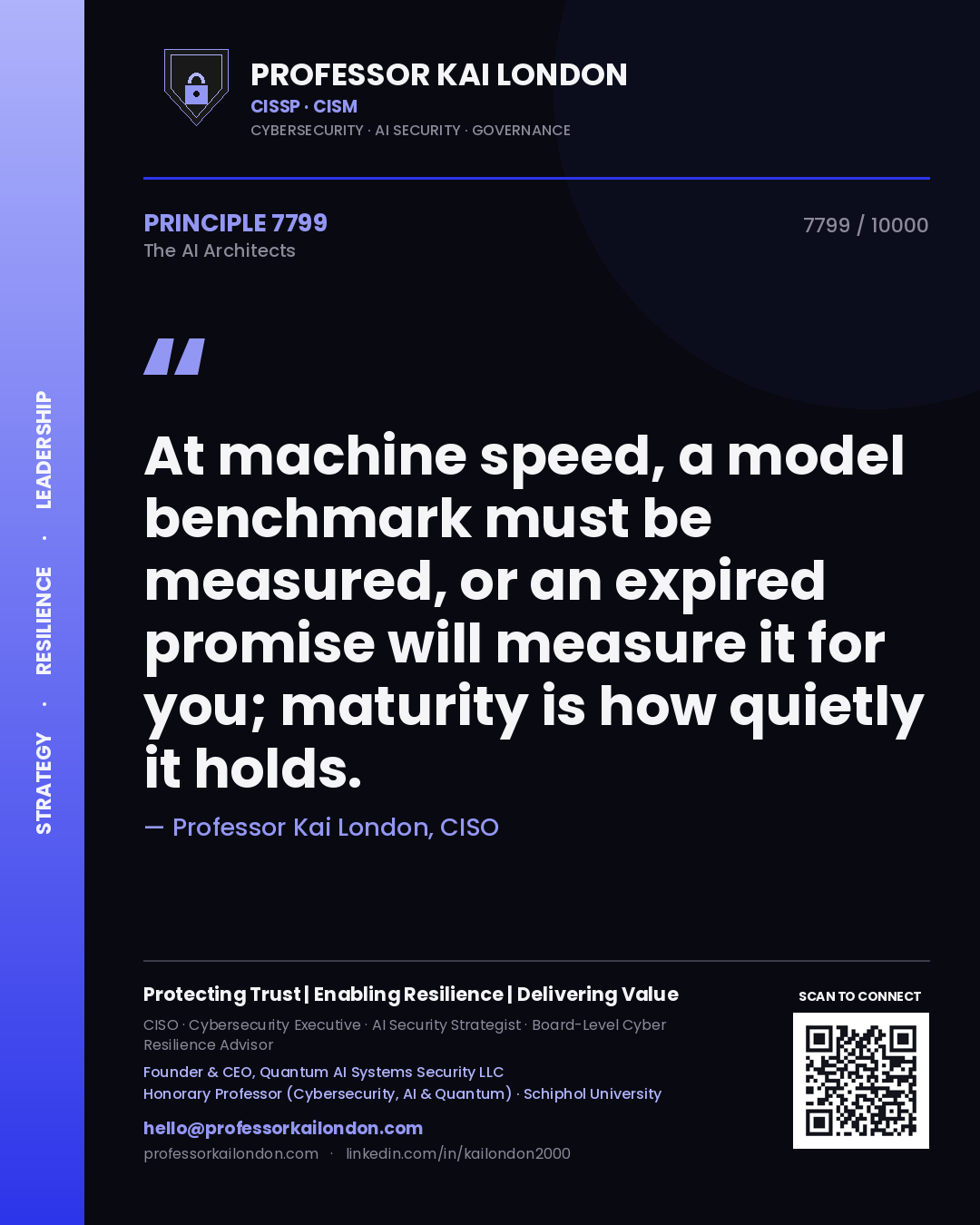 Professor Kai London principle 7799: At machine speed, a model benchmark must be measured, or an expired promise will measure it for you; maturity is how quietly it holds.