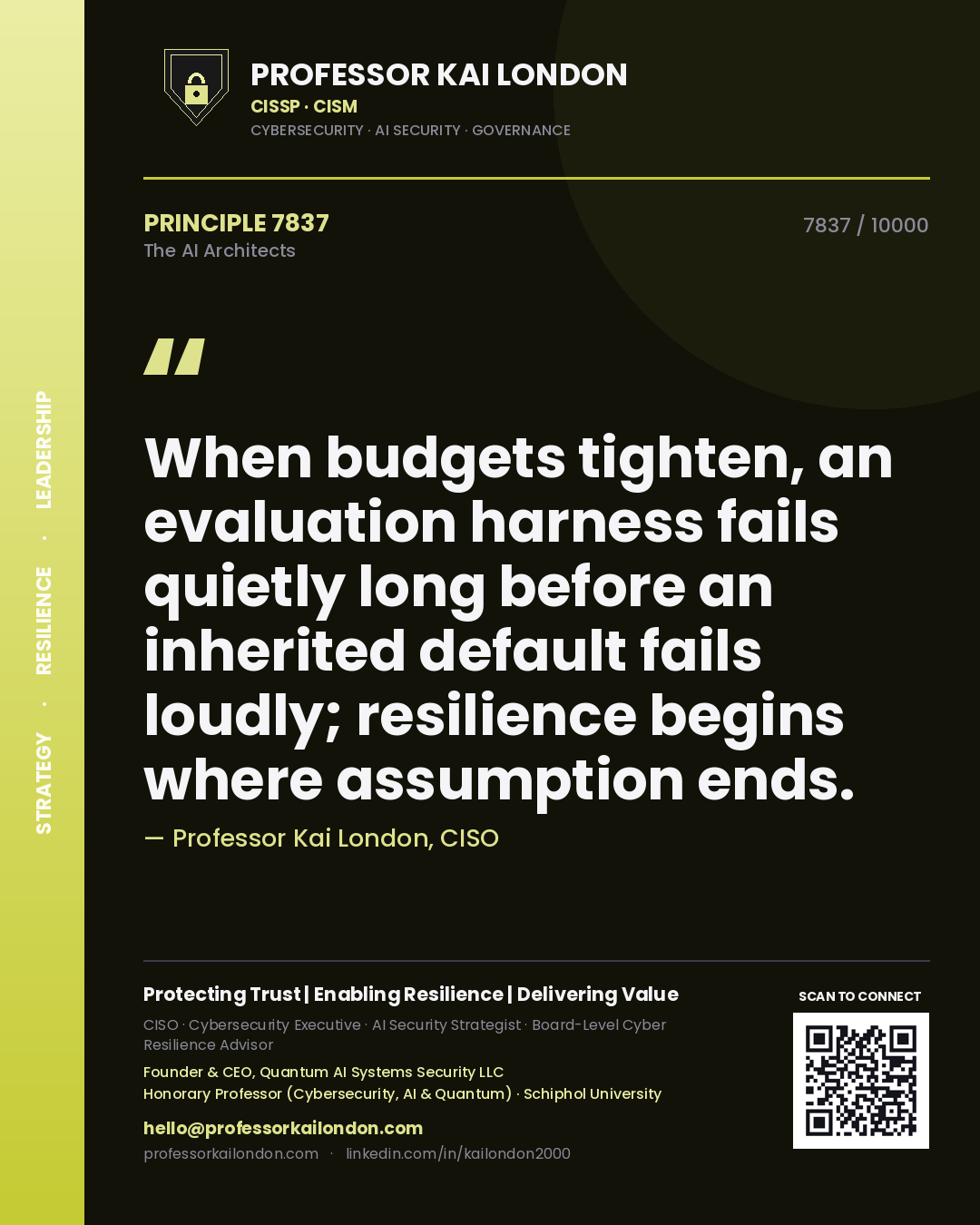 Professor Kai London principle 7837: When budgets tighten, an evaluation harness fails quietly long before an inherited default fails loudly; resilience begins where assumption ends.