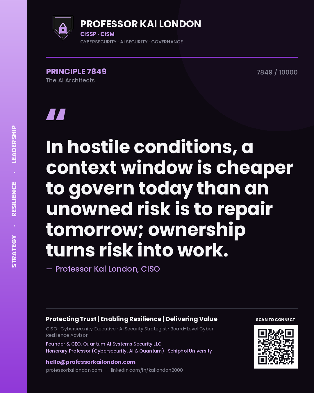 Professor Kai London principle 7849: In hostile conditions, a context window is cheaper to govern today than an unowned risk is to repair tomorrow; ownership turns risk into work.