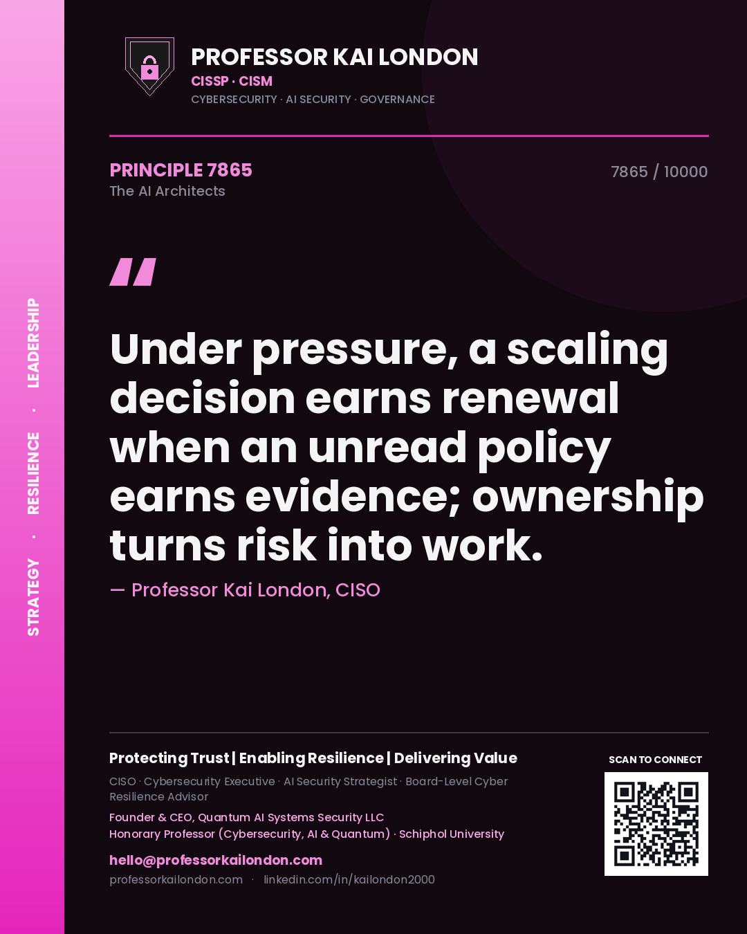 Professor Kai London principle 7865: Under pressure, a scaling decision earns renewal when an unread policy earns evidence; ownership turns risk into work.