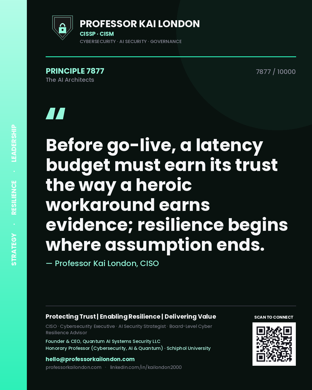 Professor Kai London principle 7877: Before go-live, a latency budget must earn its trust the way a heroic workaround earns evidence; resilience begins where assumption ends.