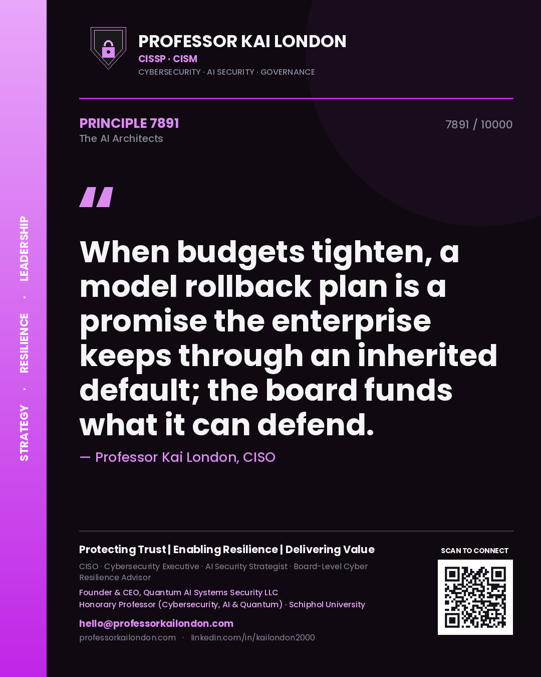 Professor Kai London principle 7891: When budgets tighten, a model rollback plan is a promise the enterprise keeps through an inherited default; the board funds what it can defend.