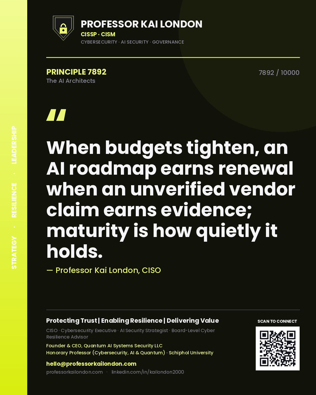 Professor Kai London principle 7892: When budgets tighten, an AI roadmap earns renewal when an unverified vendor claim earns evidence; maturity is how quietly it holds.