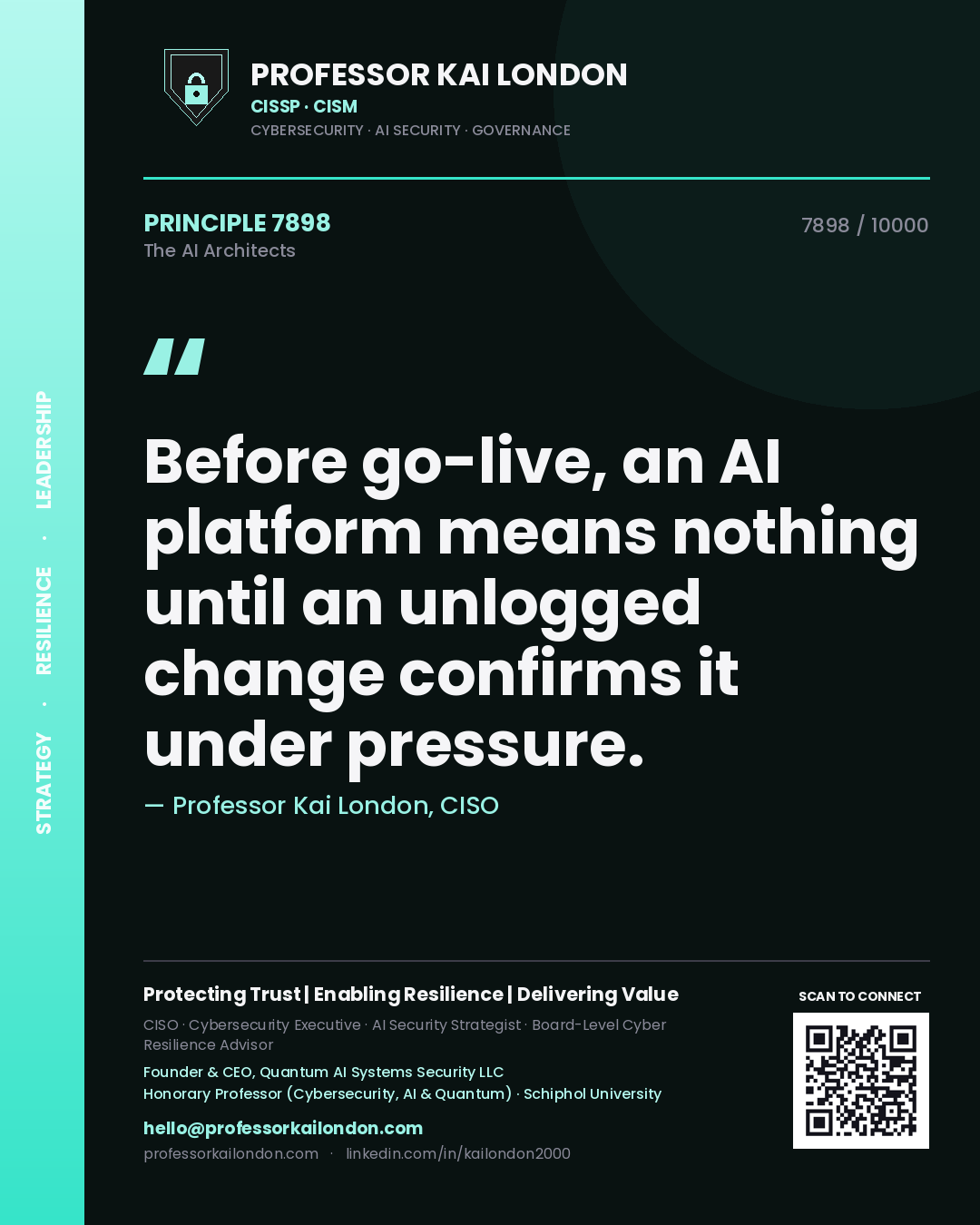 Professor Kai London principle 7898: Before go-live, an AI platform means nothing until an unlogged change confirms it under pressure.