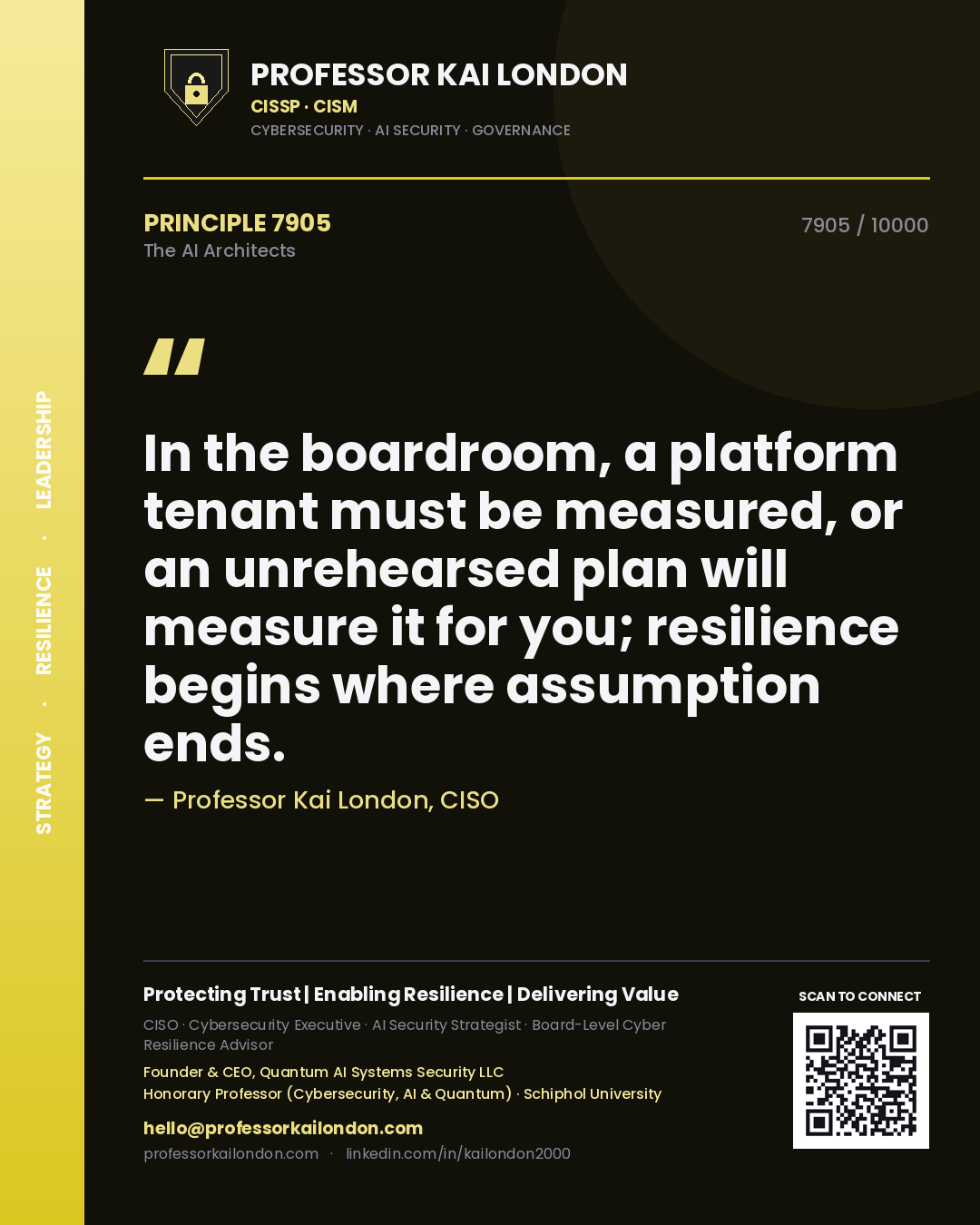 Professor Kai London principle 7905: In the boardroom, a platform tenant must be measured, or an unrehearsed plan will measure it for you; resilience begins where assumption ends.