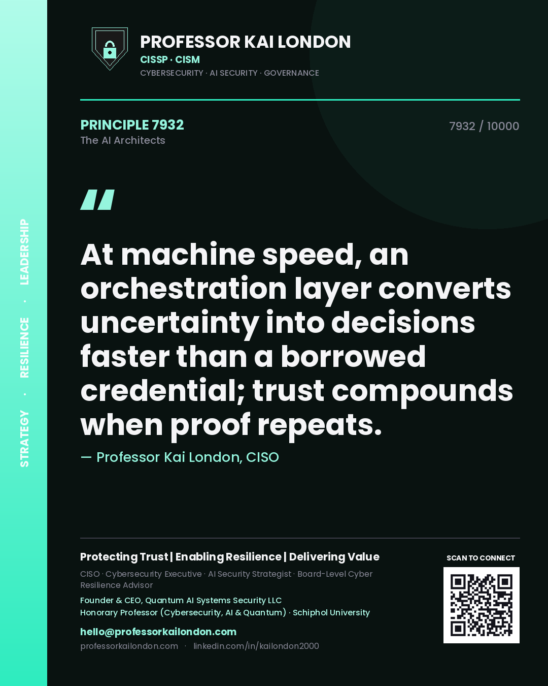 Professor Kai London principle 7932: At machine speed, an orchestration layer converts uncertainty into decisions faster than a borrowed credential; trust compounds when proof repeats.