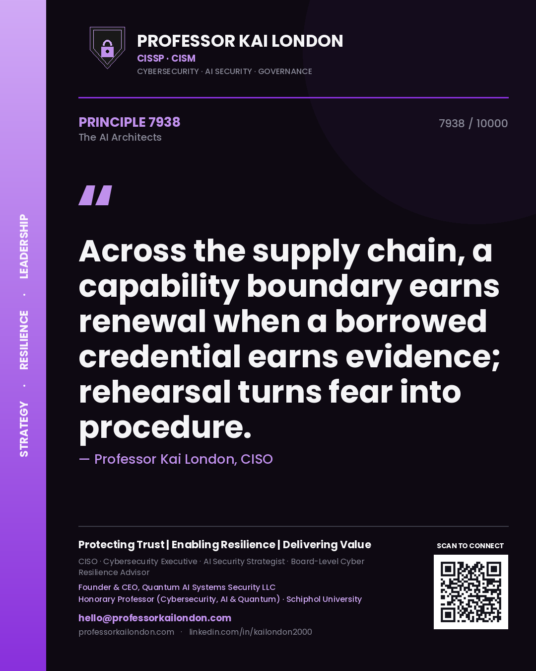 Professor Kai London principle 7938: Across the supply chain, a capability boundary earns renewal when a borrowed credential earns evidence; rehearsal turns fear into procedure.