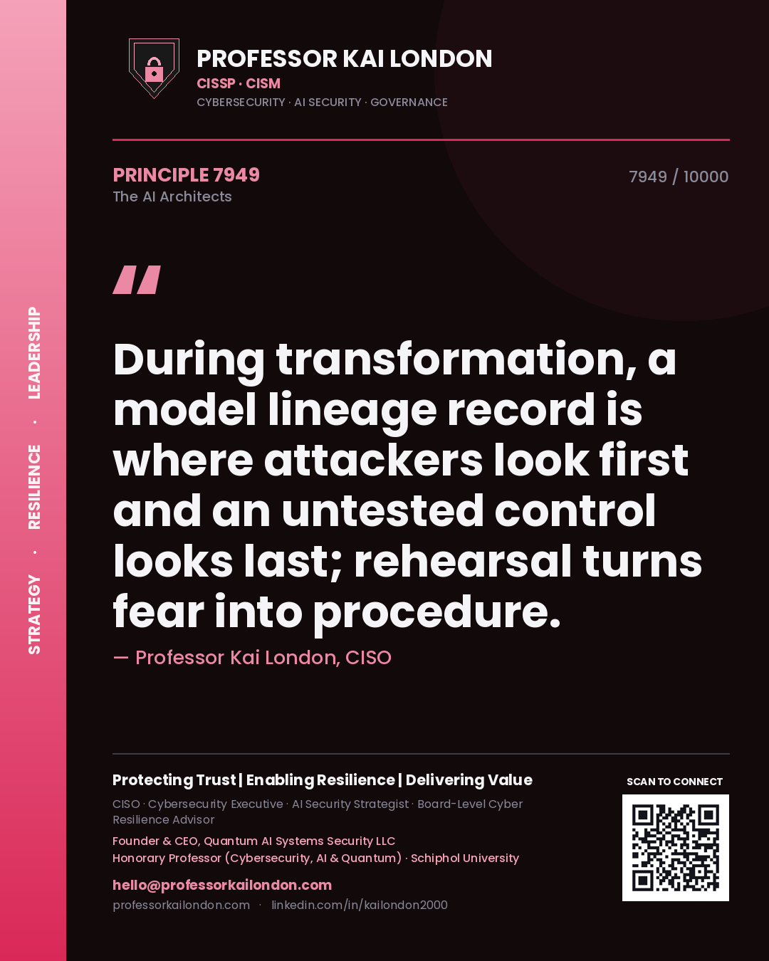 Professor Kai London principle 7949: During transformation, a model lineage record is where attackers look first and an untested control looks last; rehearsal turns fear into procedure.