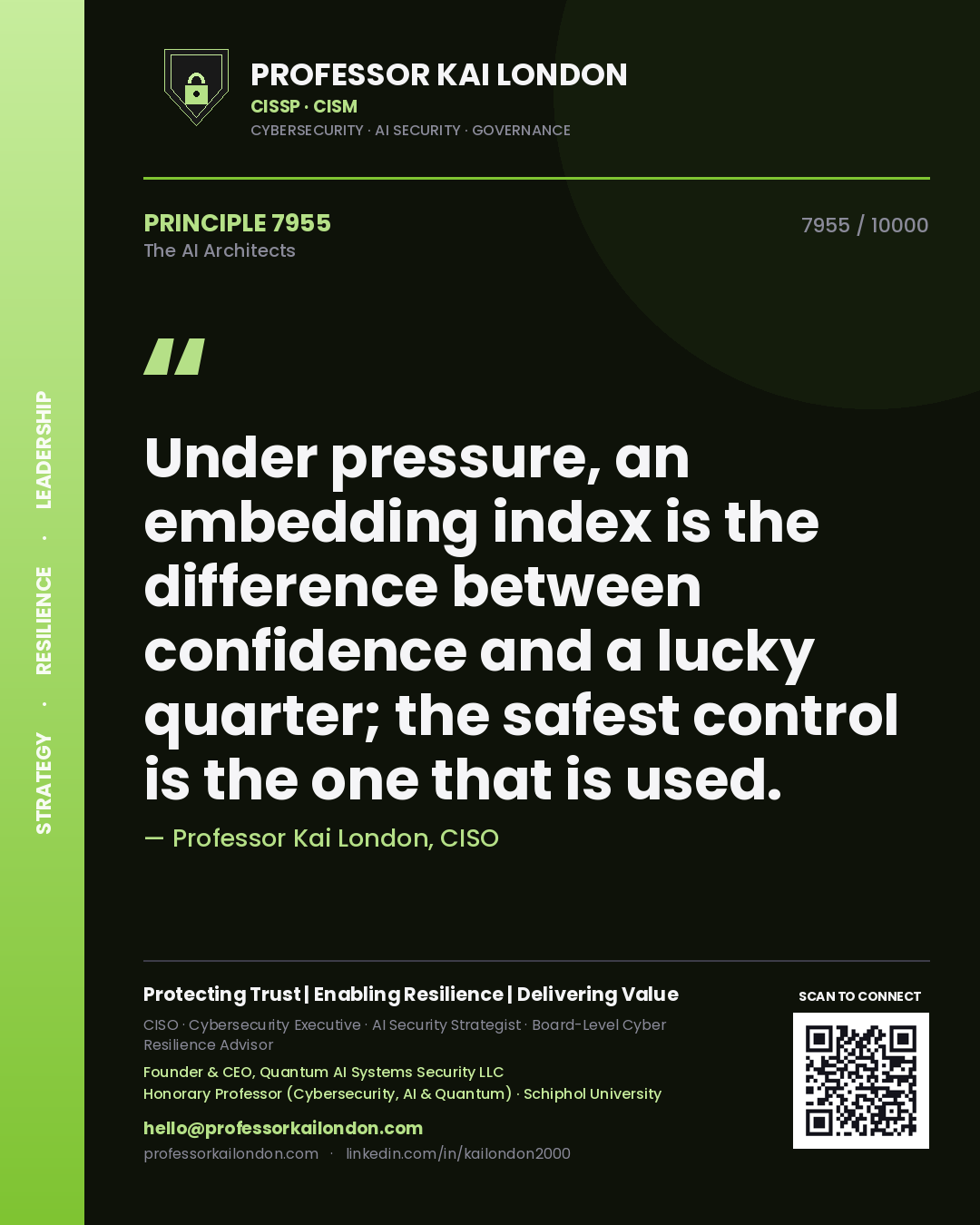 Professor Kai London principle 7955: Under pressure, an embedding index is the difference between confidence and a lucky quarter; the safest control is the one that is used.