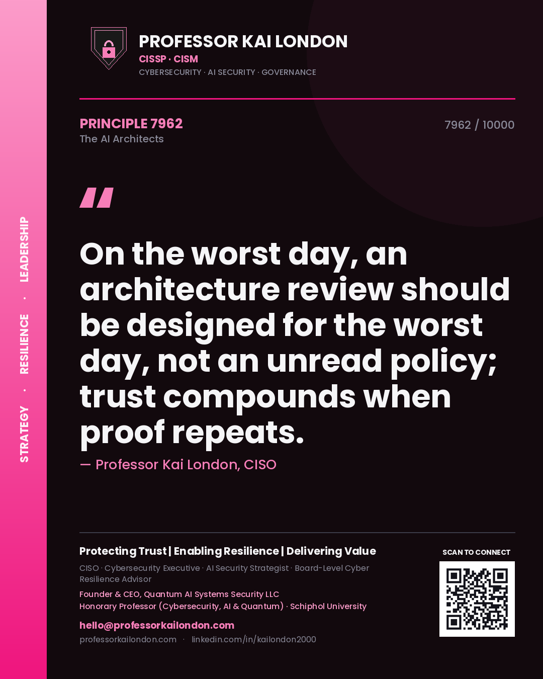 Professor Kai London principle 7962: On the worst day, an architecture review should be designed for the worst day, not an unread policy; trust compounds when proof repeats.