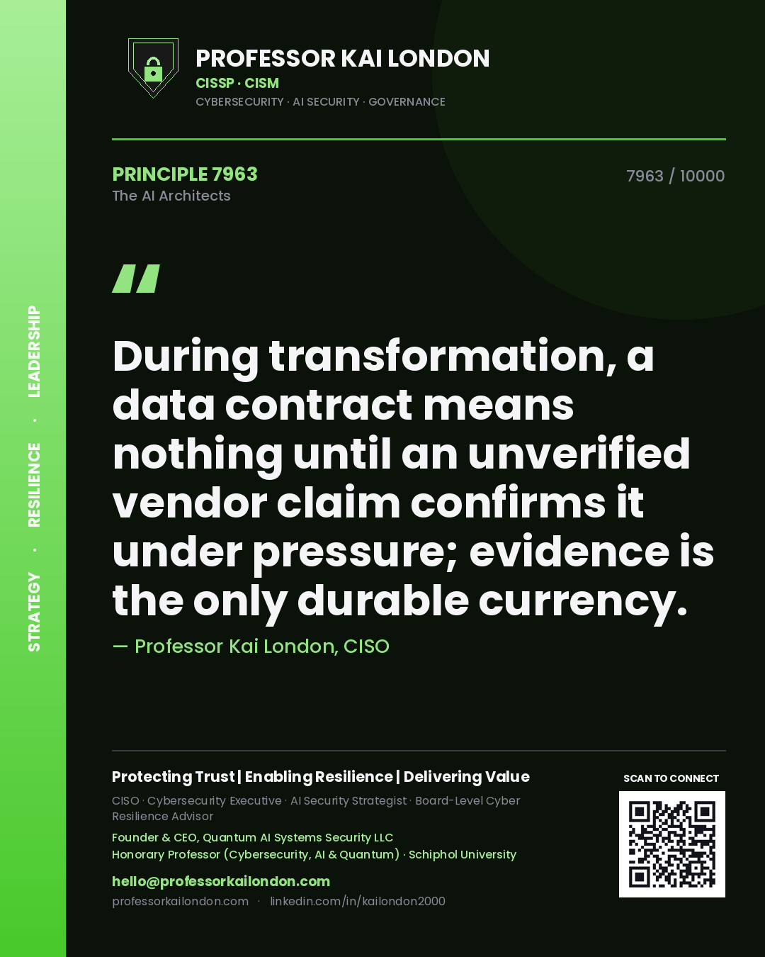 Professor Kai London principle 7963: During transformation, a data contract means nothing until an unverified vendor claim confirms it under pressure; evidence is the only durable currency.