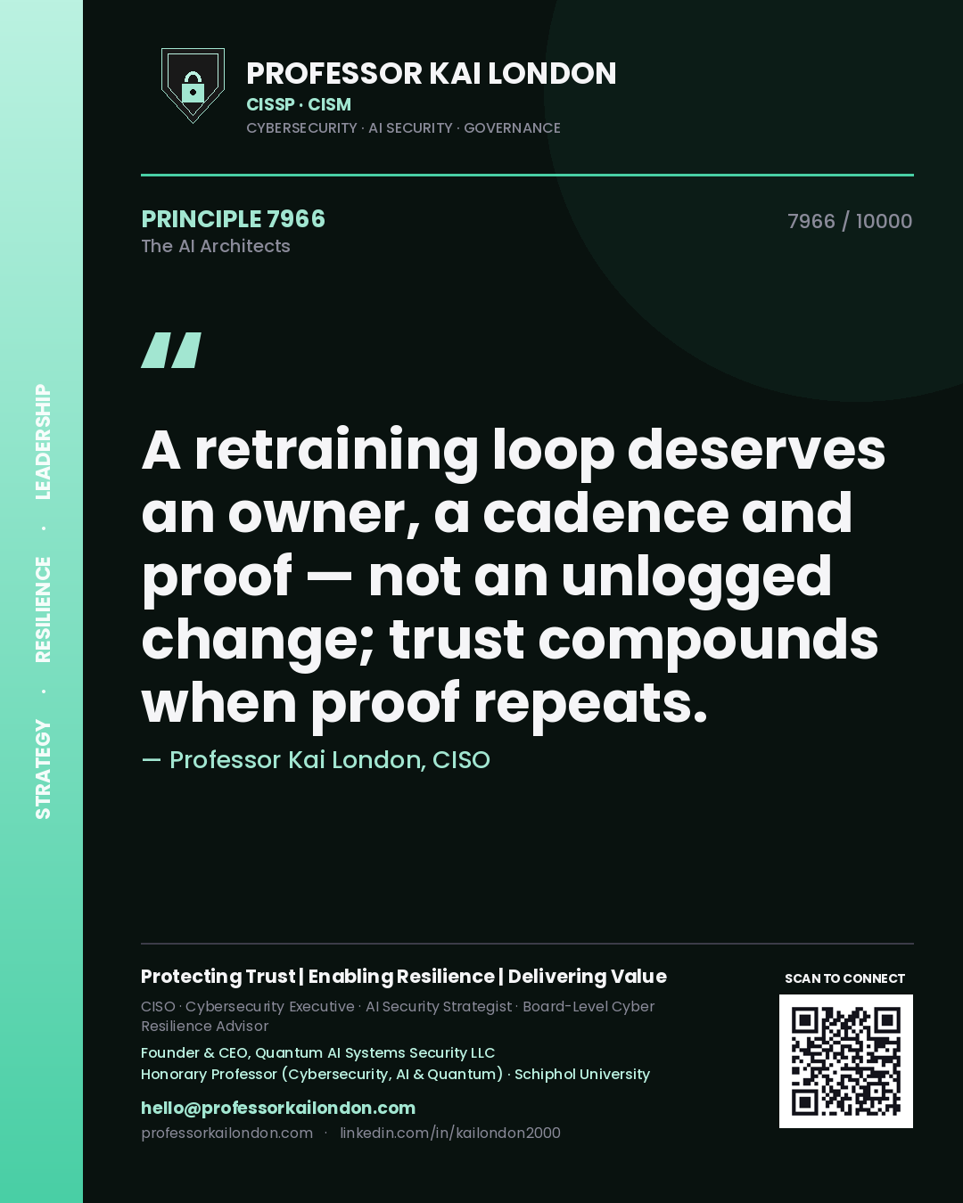 Professor Kai London principle 7966: A retraining loop deserves an owner, a cadence and proof — not an unlogged change; trust compounds when proof repeats.
