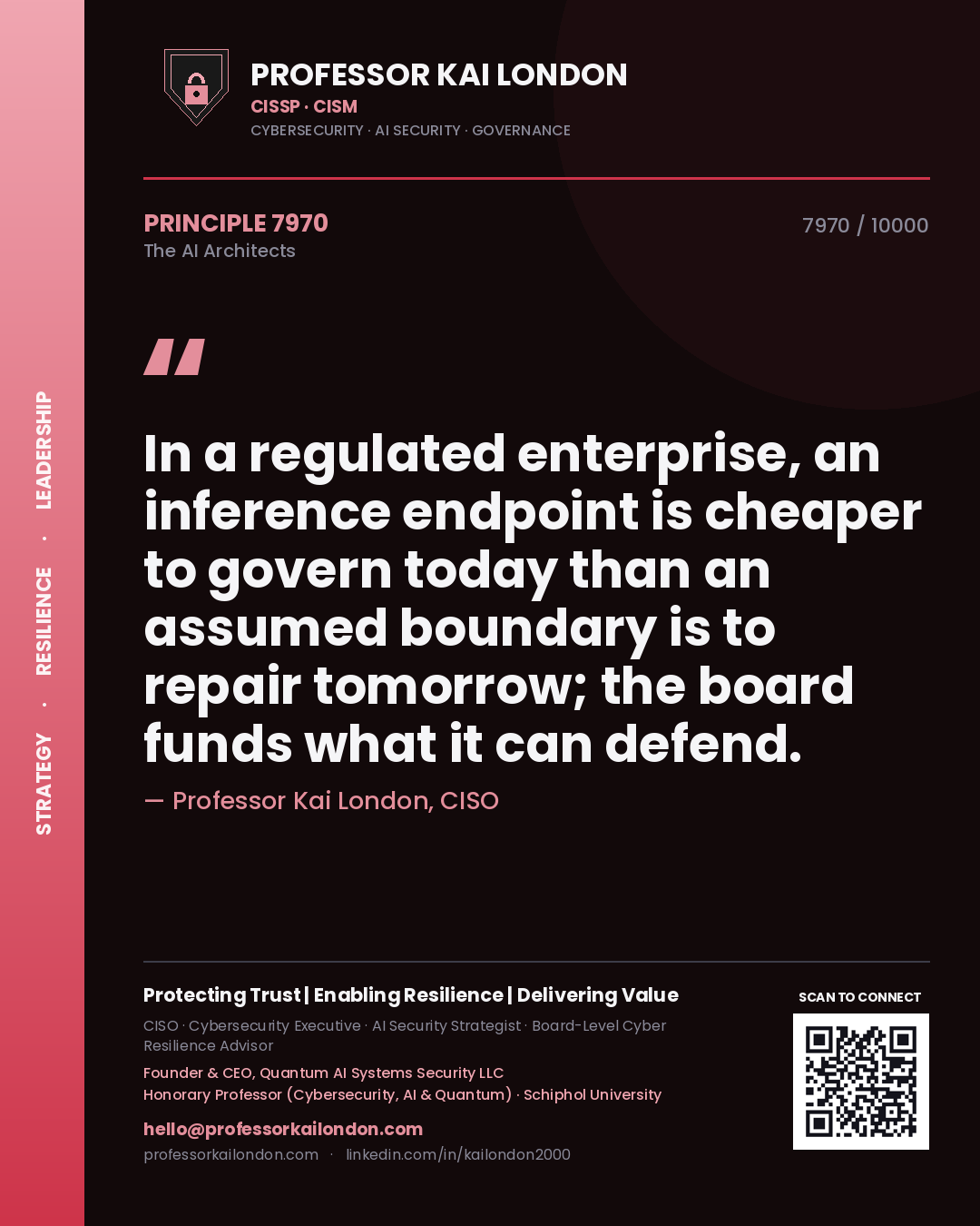 Professor Kai London principle 7970: In a regulated enterprise, an inference endpoint is cheaper to govern today than an assumed boundary is to repair tomorrow; the board funds what it can defend.