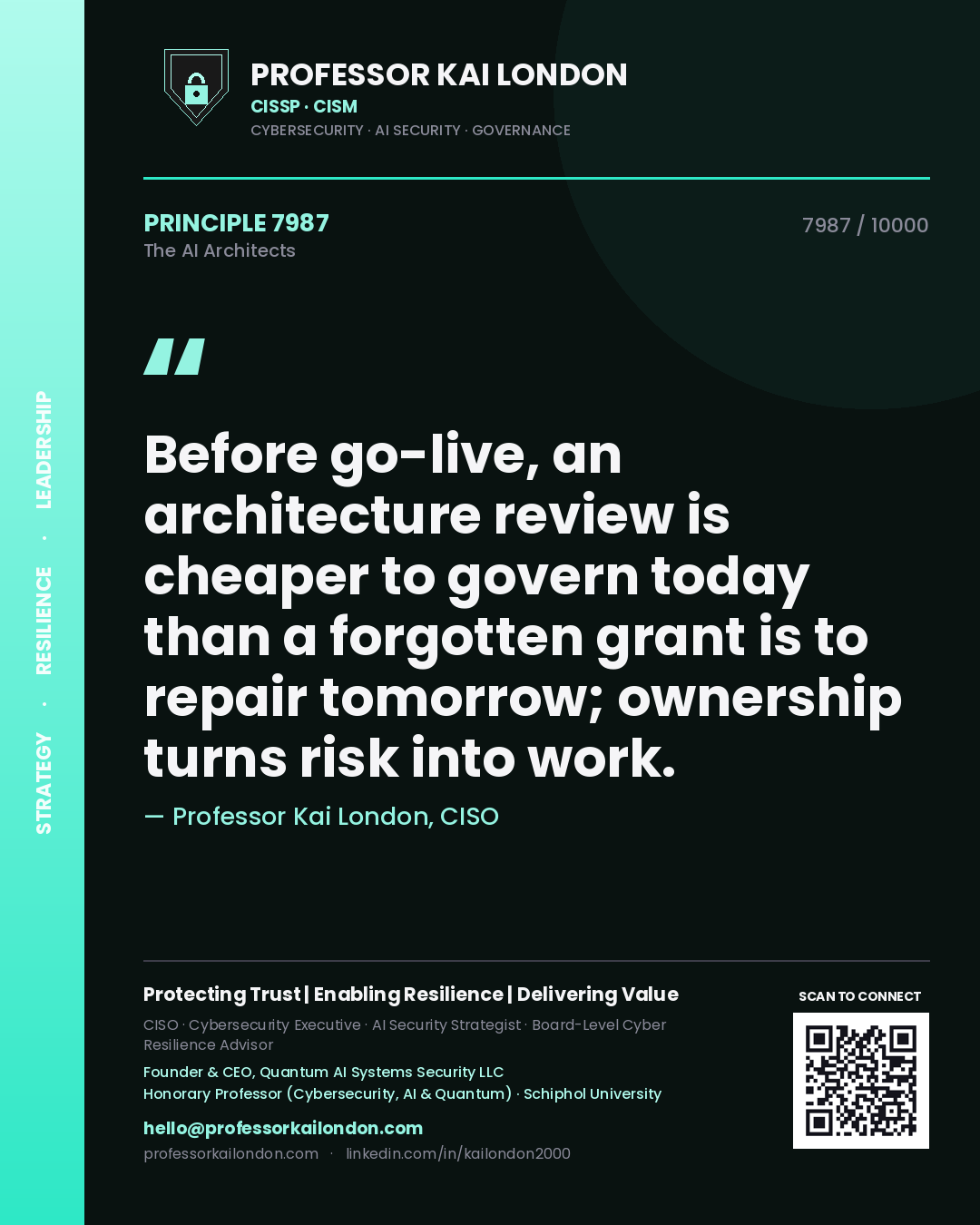 Professor Kai London principle 7987: Before go-live, an architecture review is cheaper to govern today than a forgotten grant is to repair tomorrow; ownership turns risk into work.