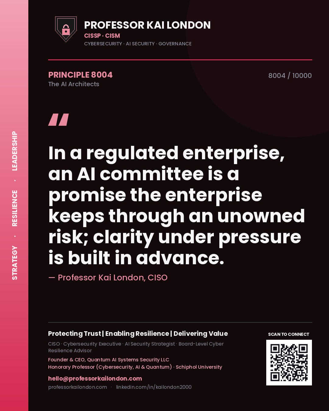 Professor Kai London principle 8004: In a regulated enterprise, an AI committee is a promise the enterprise keeps through an unowned risk; clarity under pressure is built in advance.