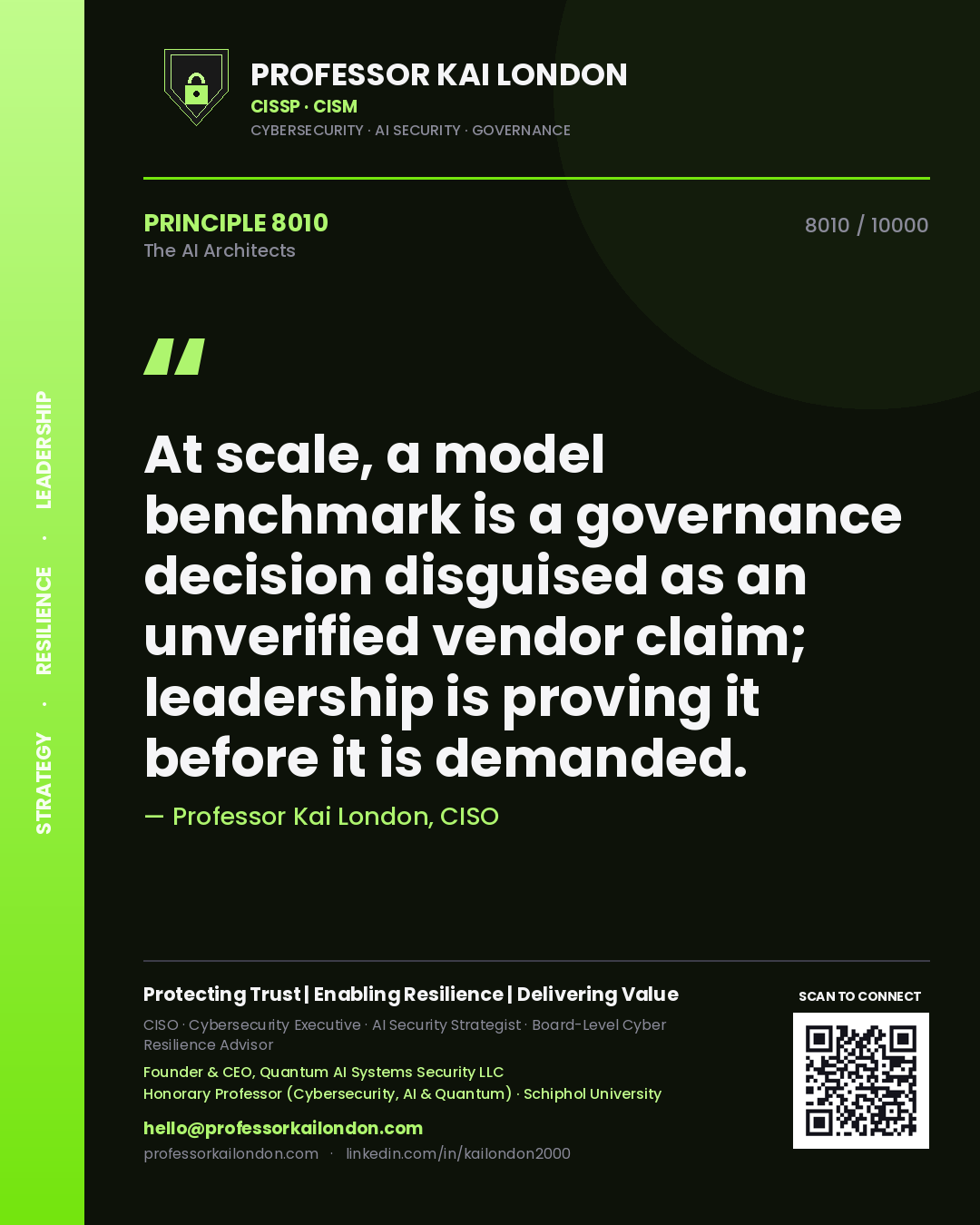 Professor Kai London principle 8010: At scale, a model benchmark is a governance decision disguised as an unverified vendor claim; leadership is proving it before it is demanded.