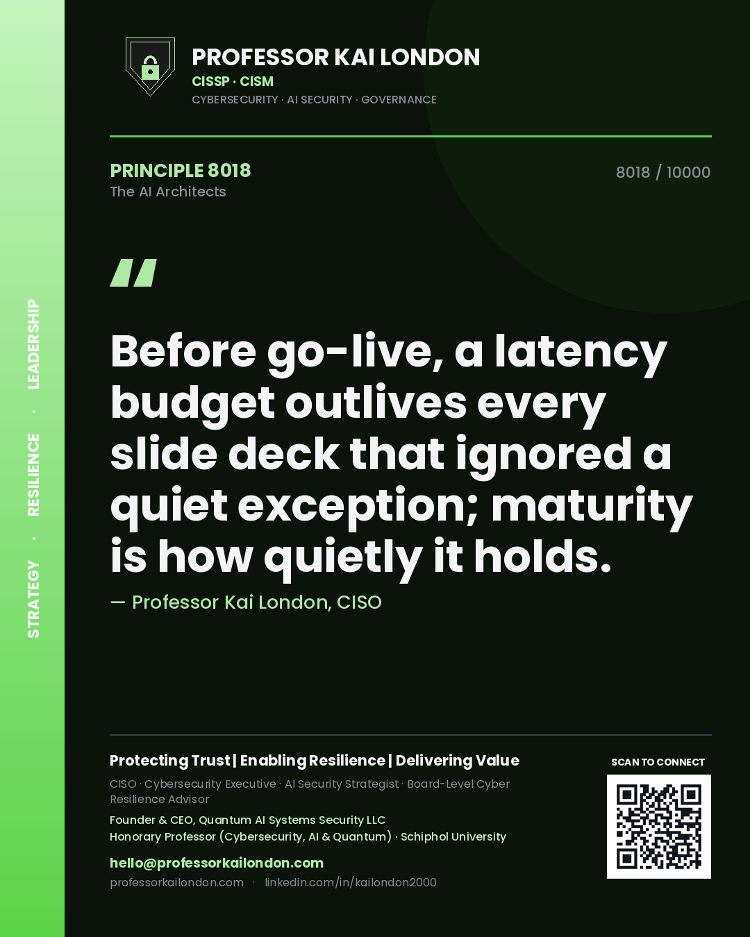 Professor Kai London principle 8018: Before go-live, a latency budget outlives every slide deck that ignored a quiet exception; maturity is how quietly it holds.