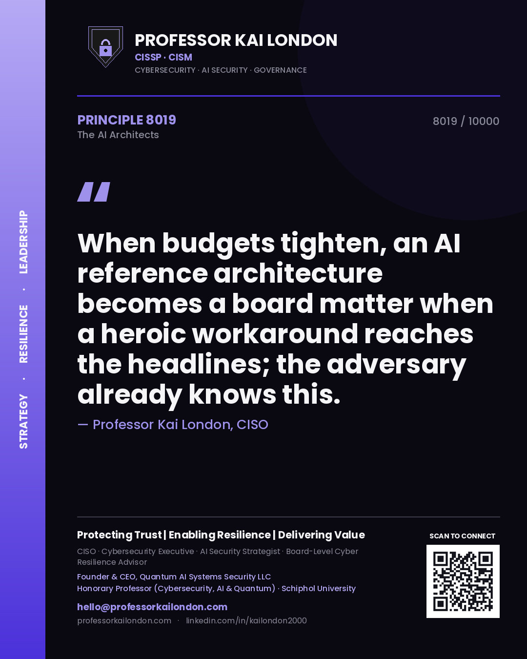 Professor Kai London principle 8019: When budgets tighten, an AI reference architecture becomes a board matter when a heroic workaround reaches the headlines; the adversary already knows this.