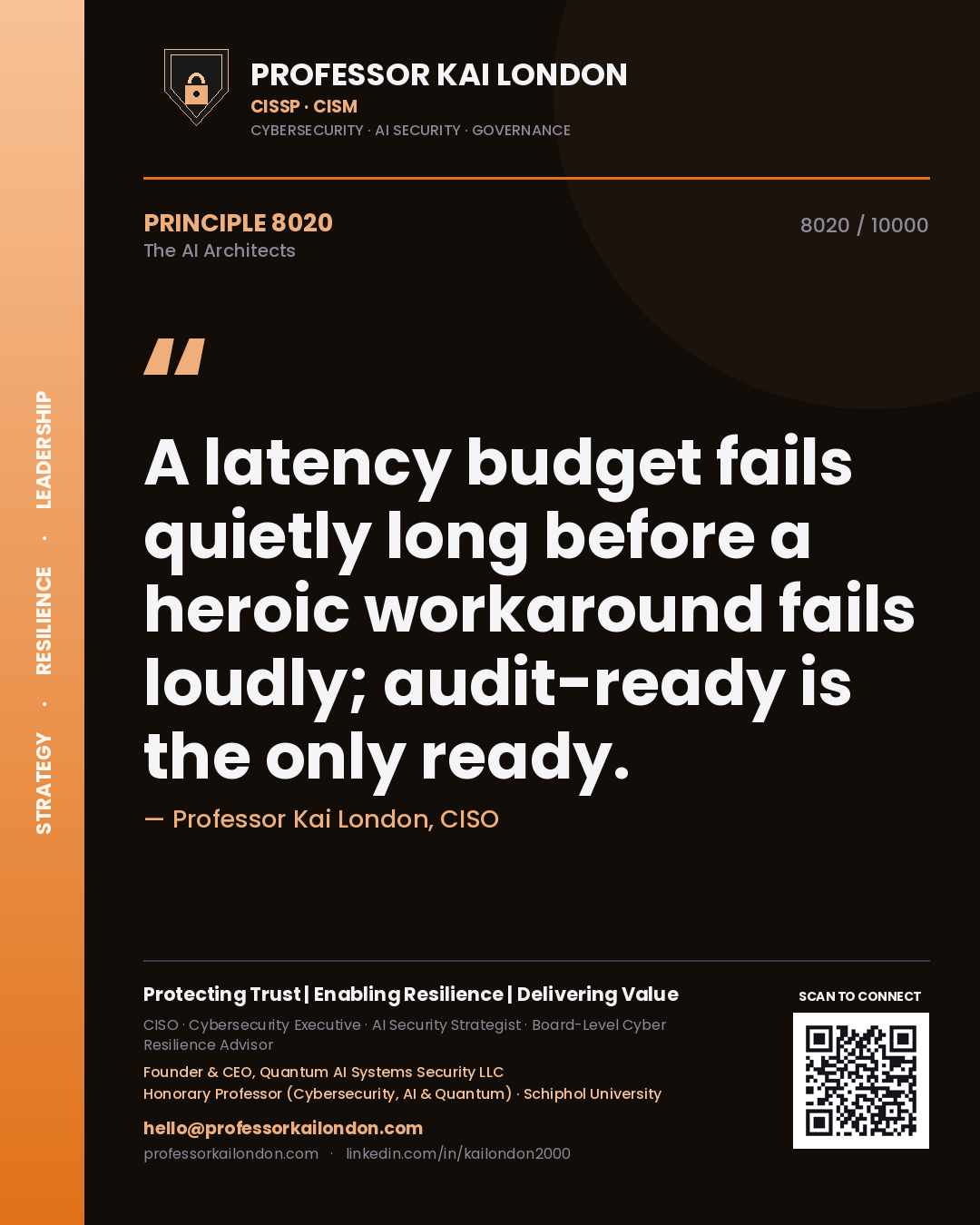 Professor Kai London principle 8020: A latency budget fails quietly long before a heroic workaround fails loudly; audit-ready is the only ready.