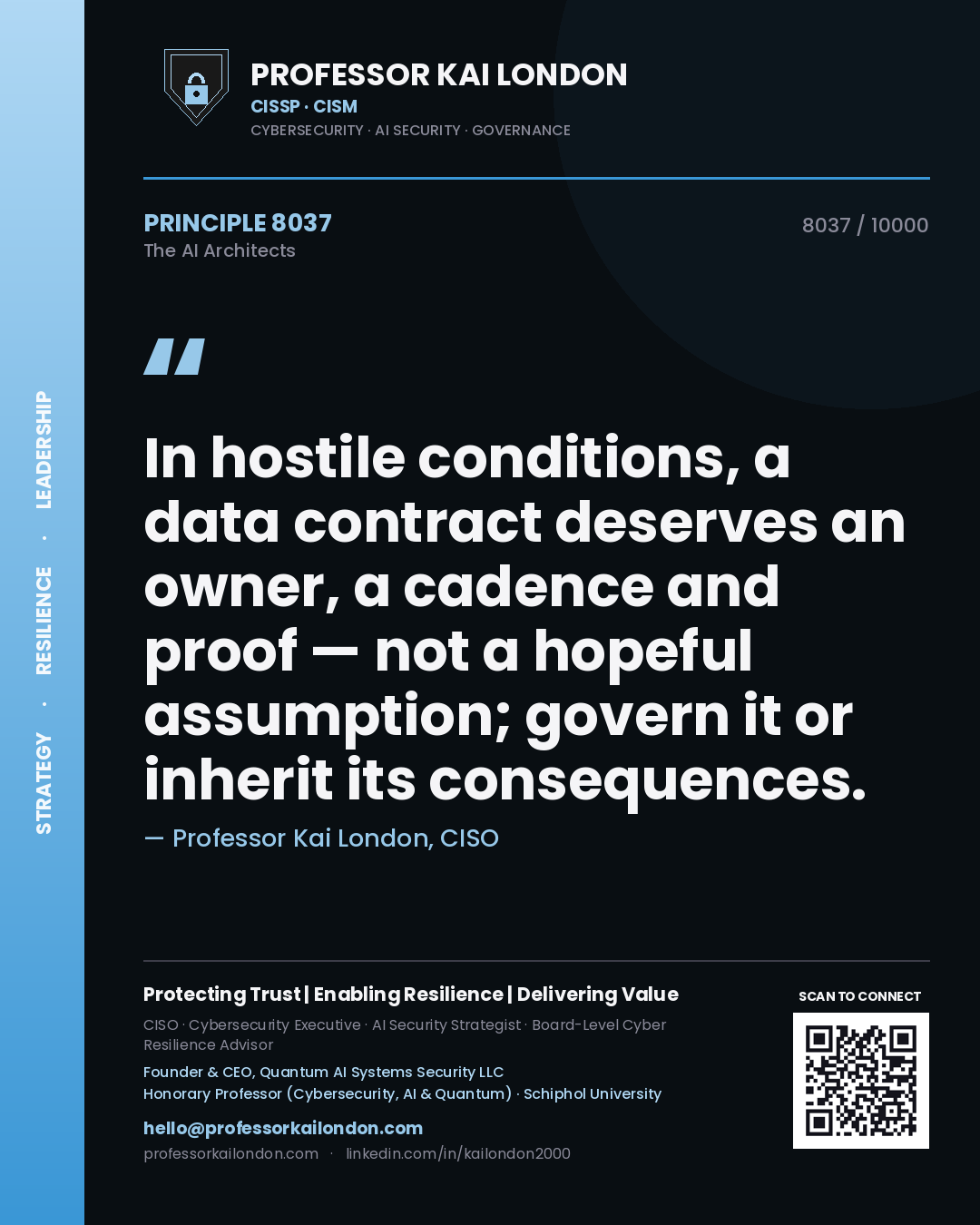 Professor Kai London principle 8037: In hostile conditions, a data contract deserves an owner, a cadence and proof — not a hopeful assumption; govern it or inherit its consequences.