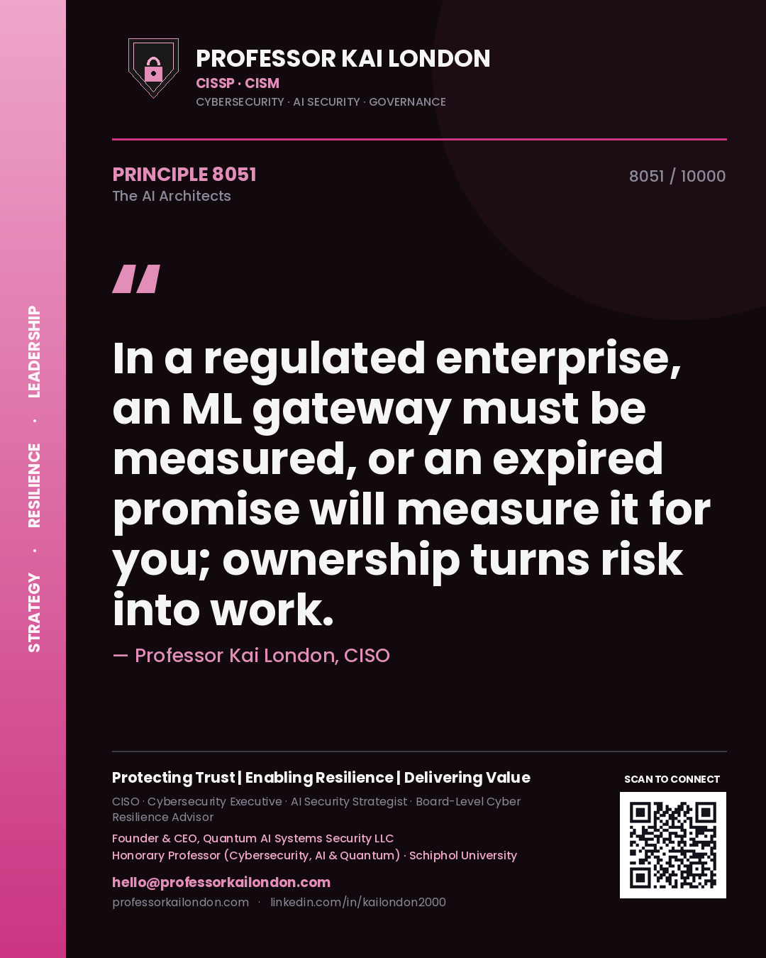 Professor Kai London principle 8051: In a regulated enterprise, an ML gateway must be measured, or an expired promise will measure it for you; ownership turns risk into work.