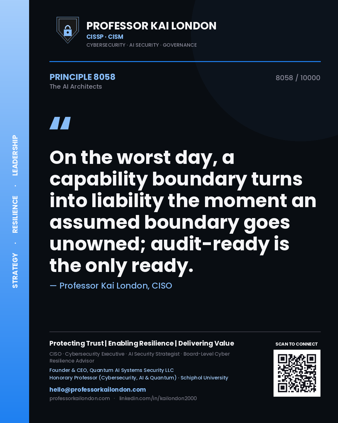Professor Kai London principle 8058: On the worst day, a capability boundary turns into liability the moment an assumed boundary goes unowned; audit-ready is the only ready.