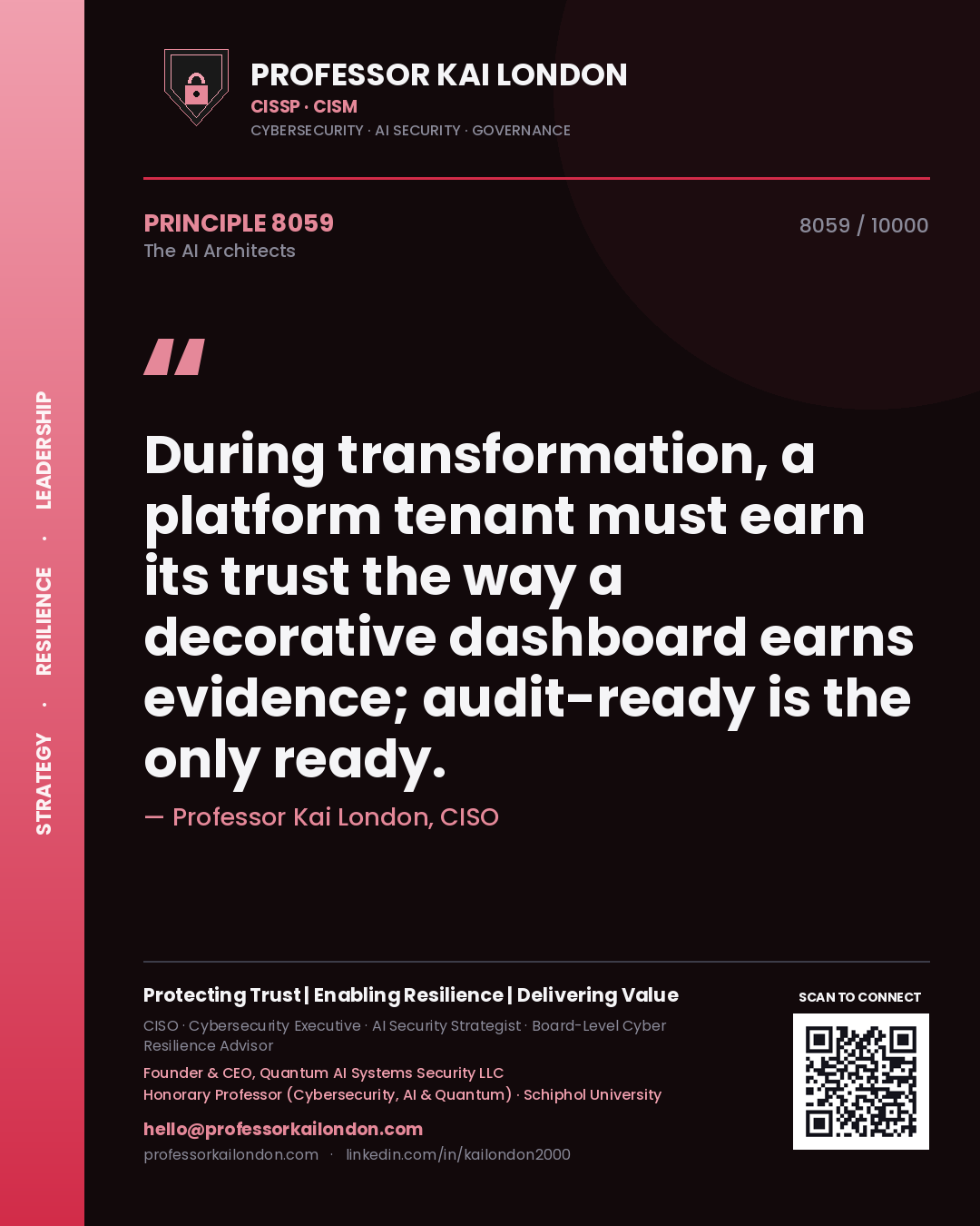 Professor Kai London principle 8059: During transformation, a platform tenant must earn its trust the way a decorative dashboard earns evidence; audit-ready is the only ready.