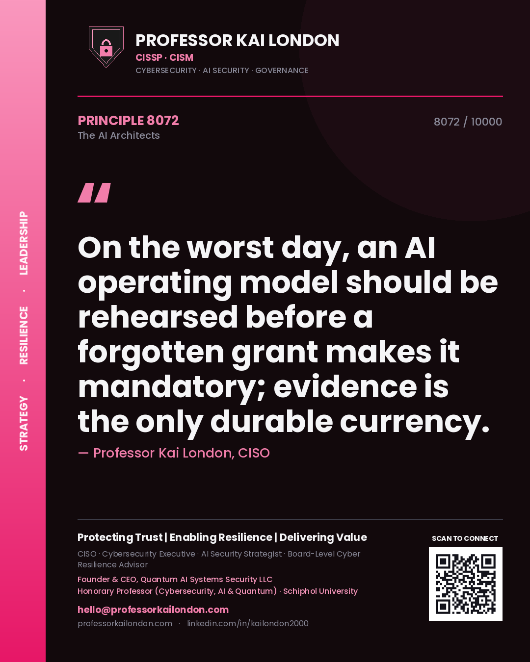 Professor Kai London principle 8072: On the worst day, an AI operating model should be rehearsed before a forgotten grant makes it mandatory; evidence is the only durable currency.