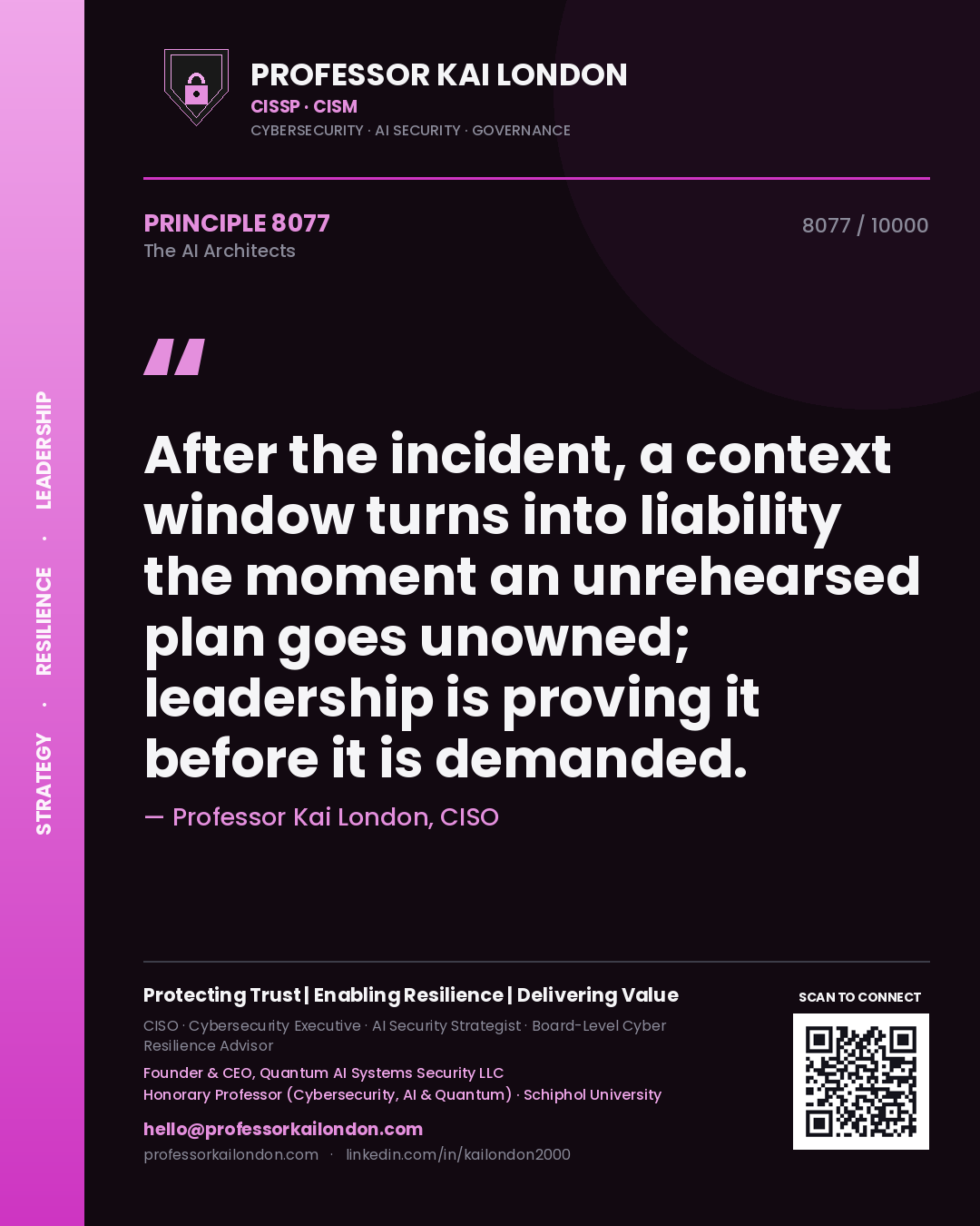 Professor Kai London principle 8077: After the incident, a context window turns into liability the moment an unrehearsed plan goes unowned; leadership is proving it before it is demanded.