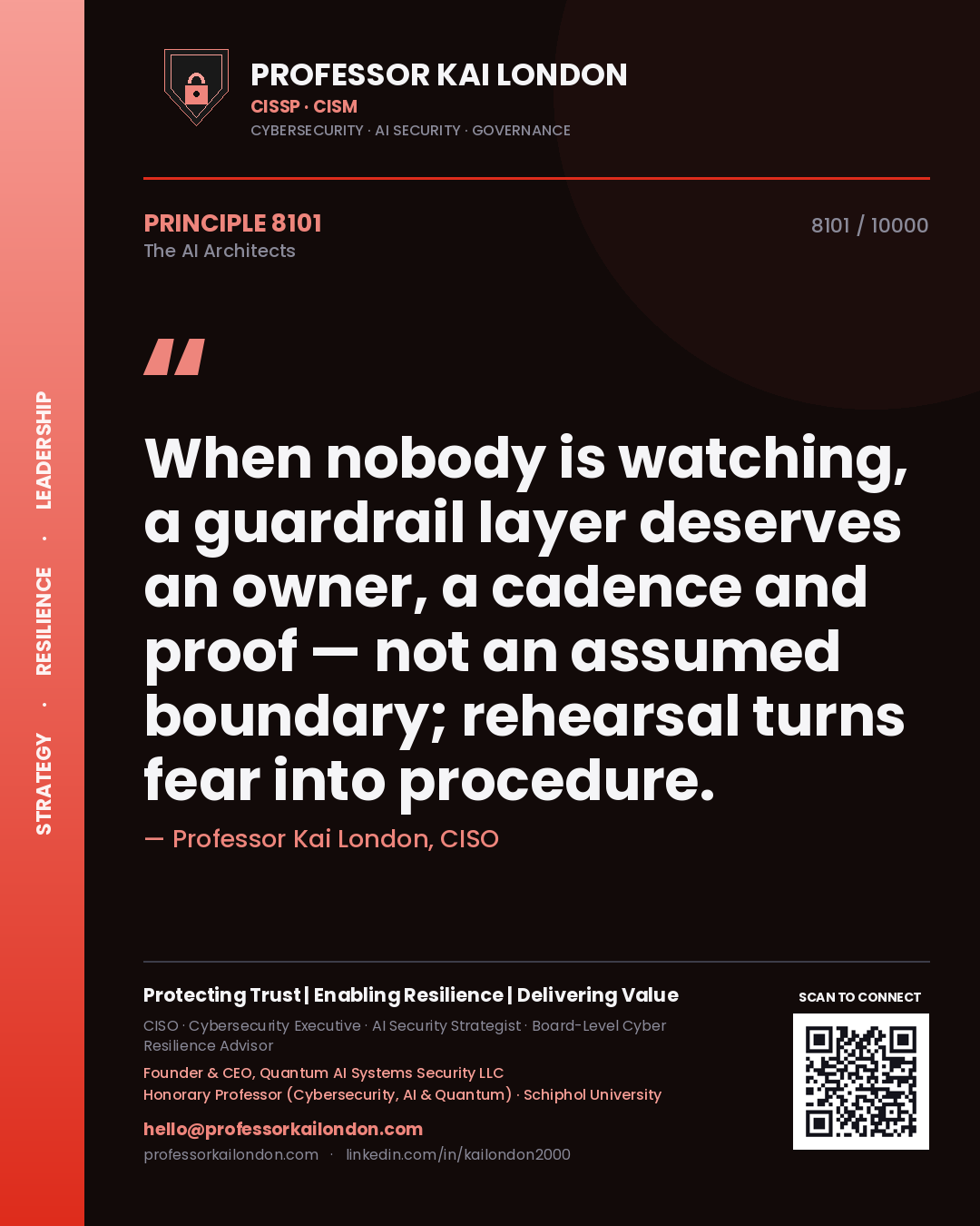 Professor Kai London principle 8101: When nobody is watching, a guardrail layer deserves an owner, a cadence and proof — not an assumed boundary; rehearsal turns fear into procedure.