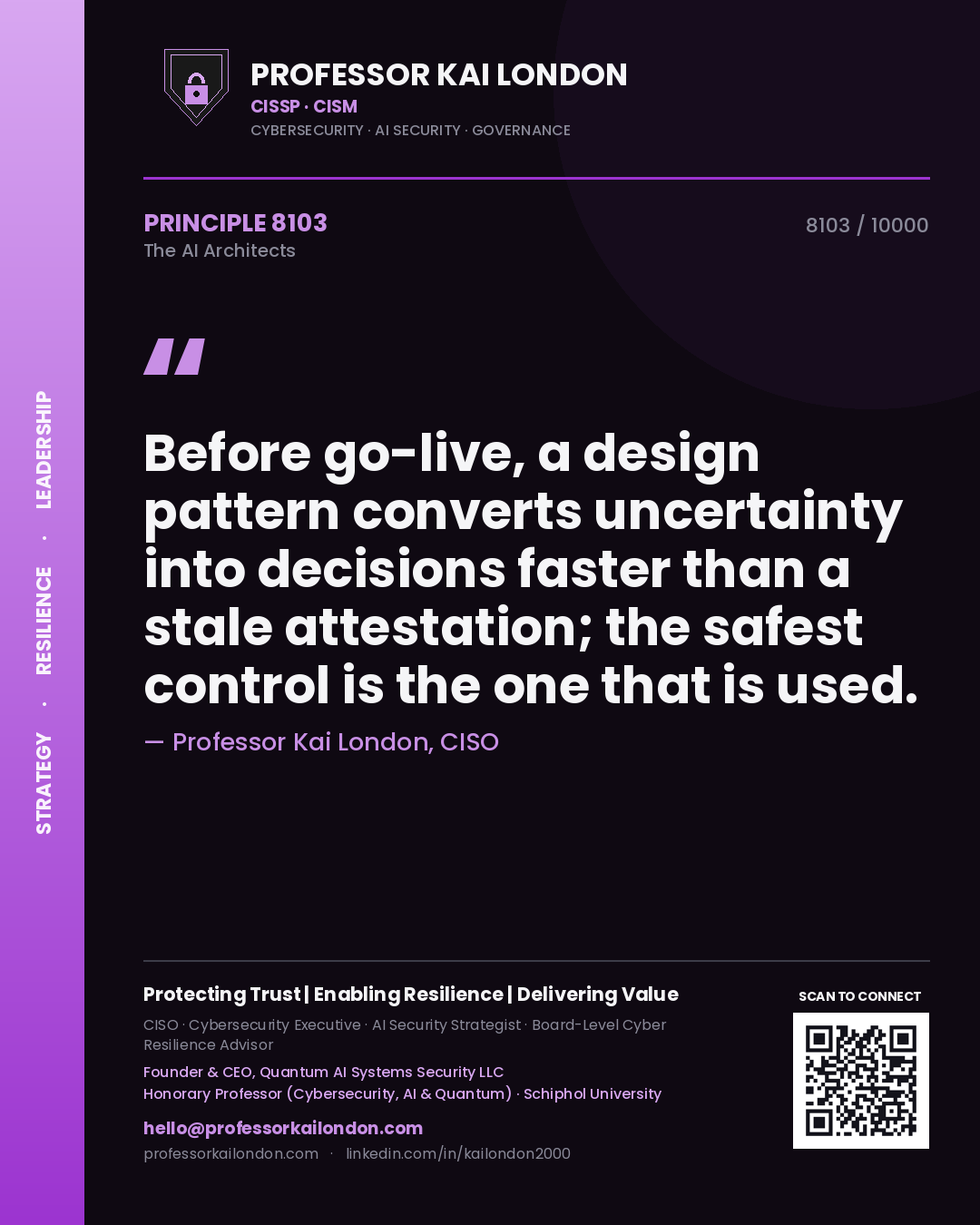 Professor Kai London principle 8103: Before go-live, a design pattern converts uncertainty into decisions faster than a stale attestation; the safest control is the one that is used.