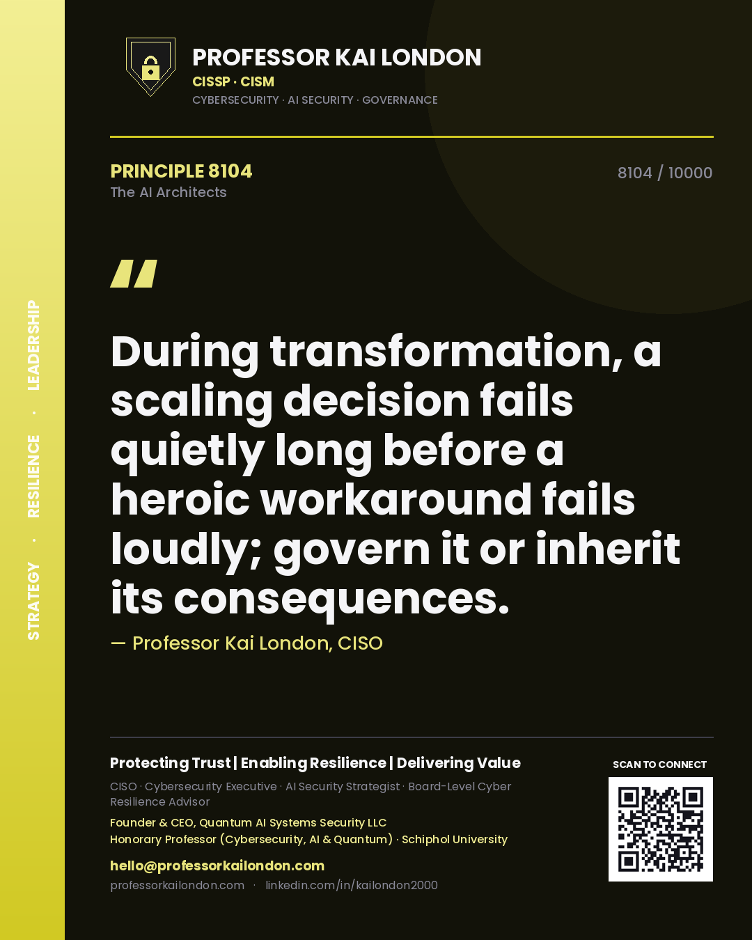 Professor Kai London principle 8104: During transformation, a scaling decision fails quietly long before a heroic workaround fails loudly; govern it or inherit its consequences.