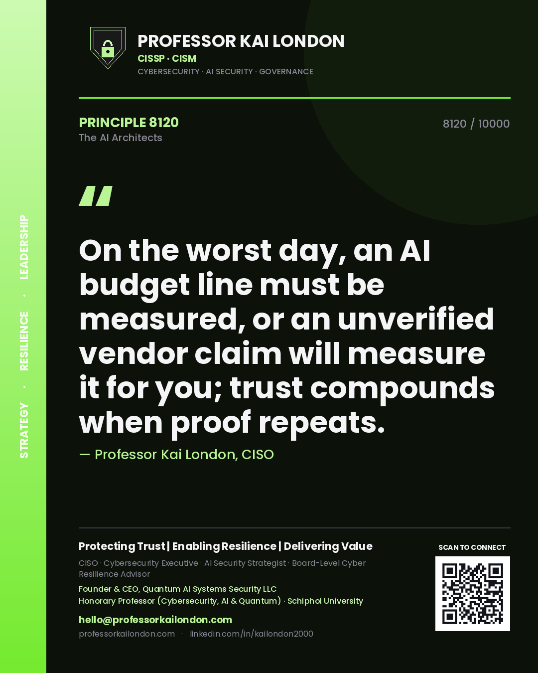 Professor Kai London principle 8120: On the worst day, an AI budget line must be measured, or an unverified vendor claim will measure it for you; trust compounds when proof repeats.
