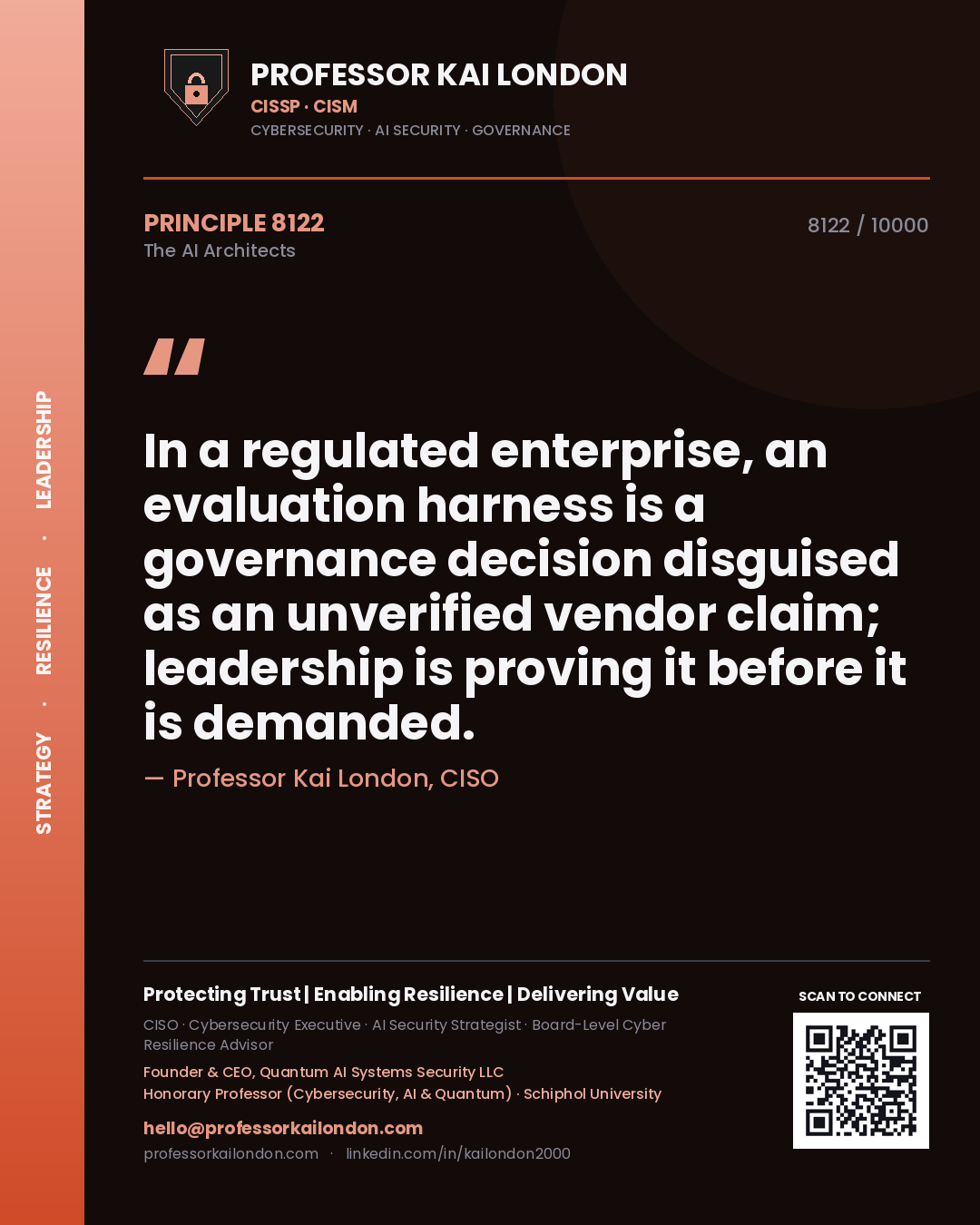 Professor Kai London principle 8122: In a regulated enterprise, an evaluation harness is a governance decision disguised as an unverified vendor claim; leadership is proving it before it is demanded.