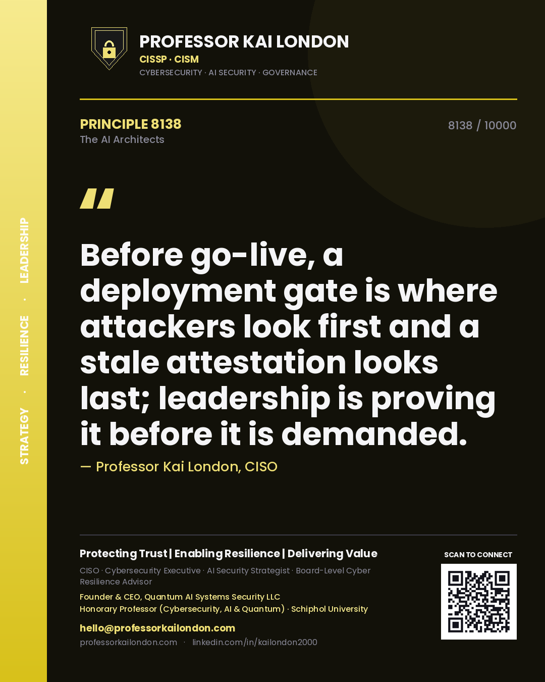 Professor Kai London principle 8138: Before go-live, a deployment gate is where attackers look first and a stale attestation looks last; leadership is proving it before it is demanded.
