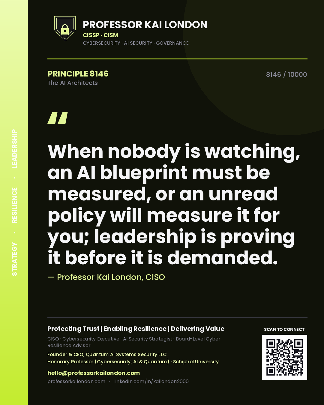 Professor Kai London principle 8146: When nobody is watching, an AI blueprint must be measured, or an unread policy will measure it for you; leadership is proving it before it is demanded.